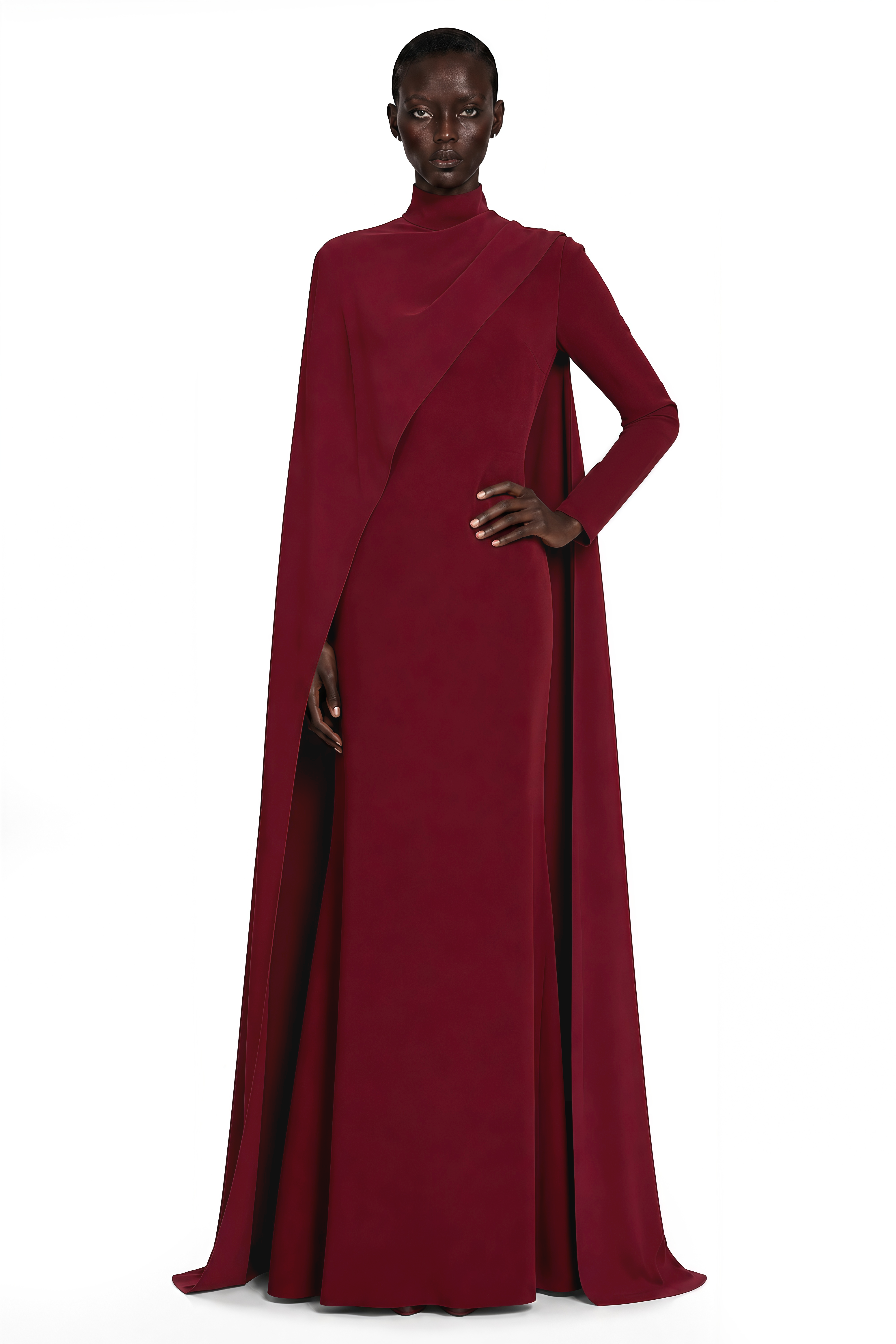 Elmas Red Mock Neck Maxi Dress with Cape Sleeves