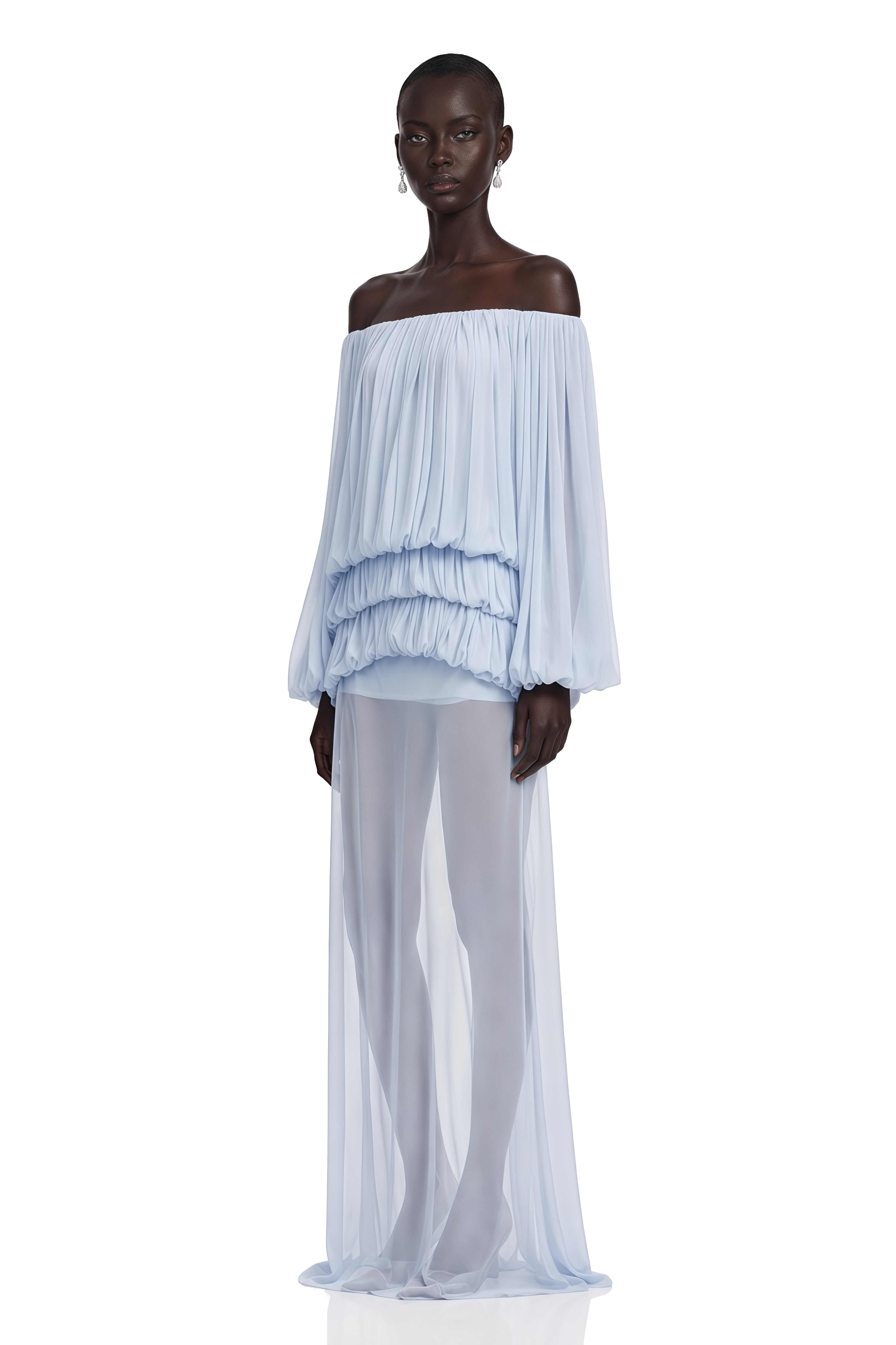 Elodie Blue Off Shoulder Pleated Chiffon Top & Skirt Set