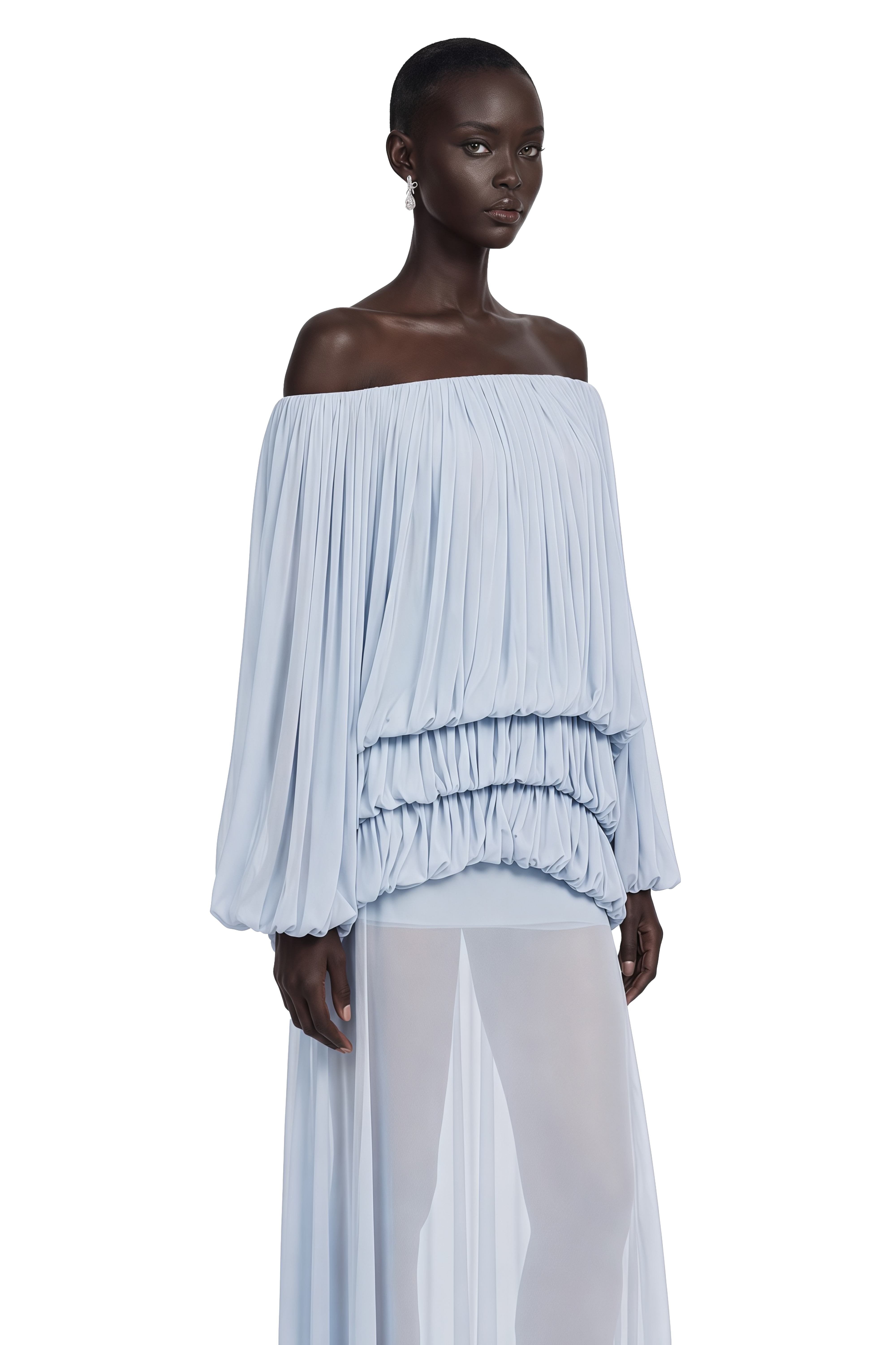 Elodie Blue Off Shoulder Pleated Chiffon Top & Skirt Set