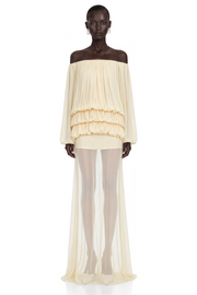 Elodie Yellow Off Shoulder Pleated Chiffon Top & Skirt Set