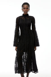 Elodiea Black Floral Lace Flared Sleeves Midi Dress