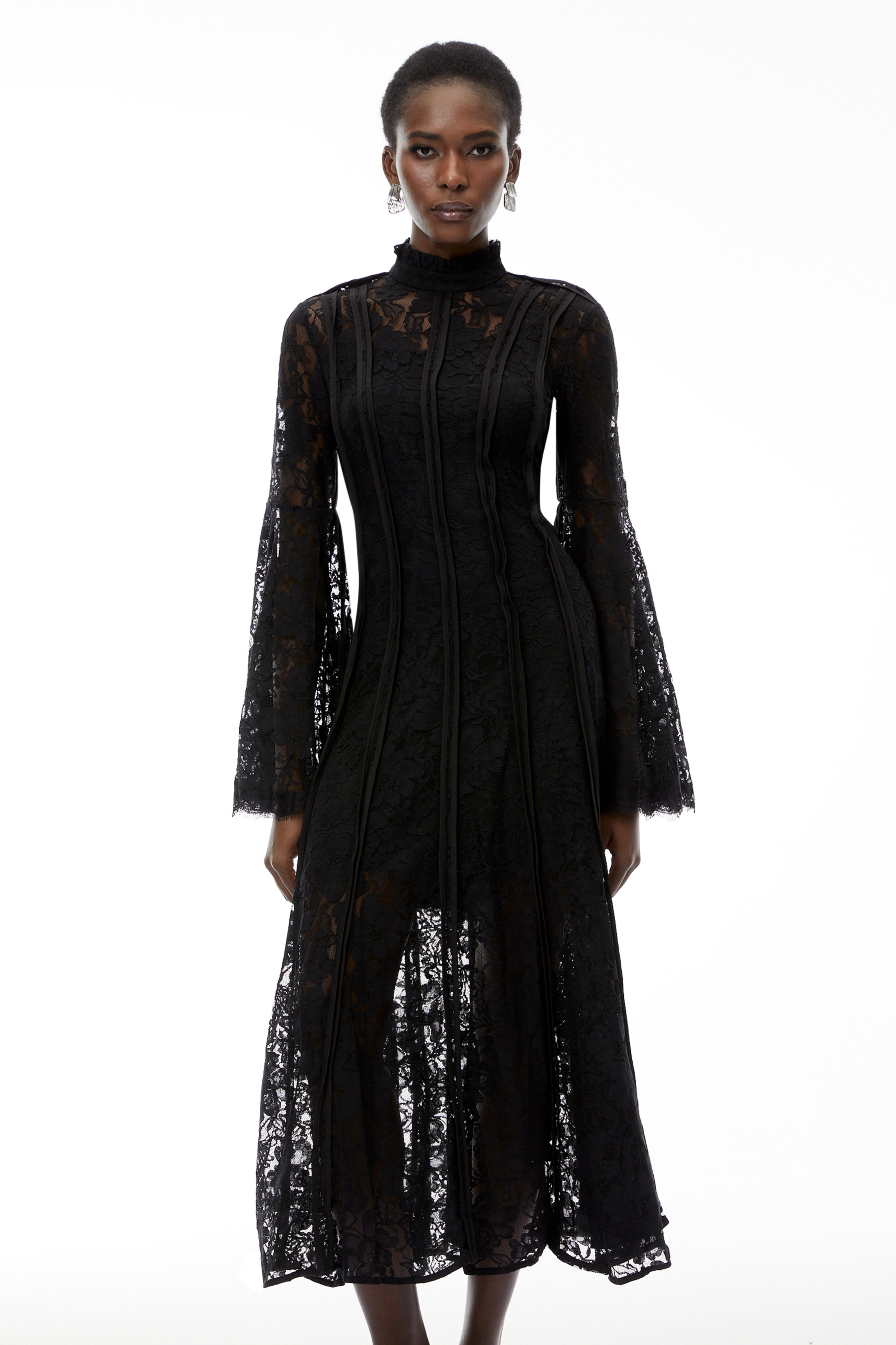 Elodiea Black Floral Lace Flared Sleeves Midi Dress
