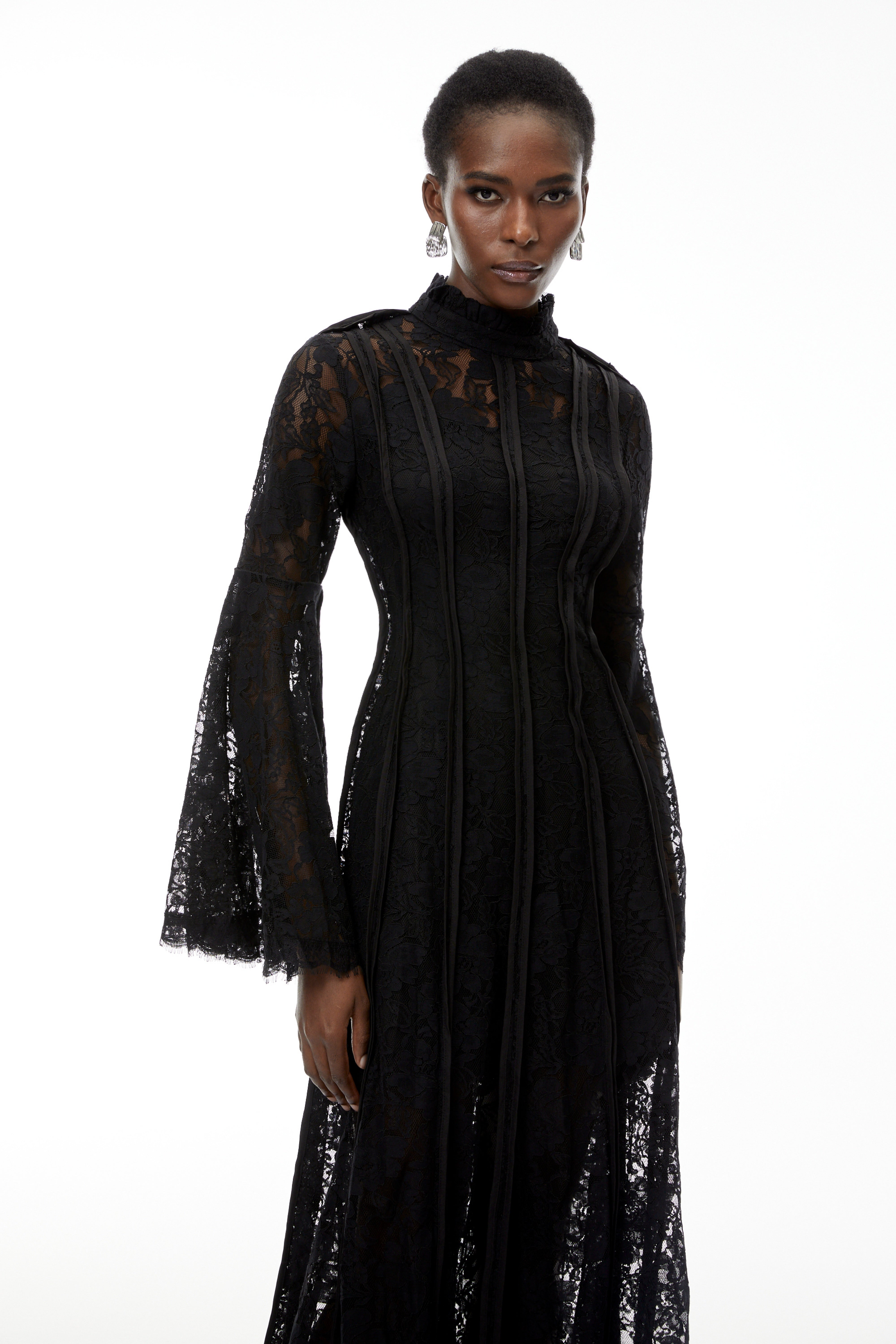 Elodiea Black Floral Lace Flared Sleeves Midi Dress