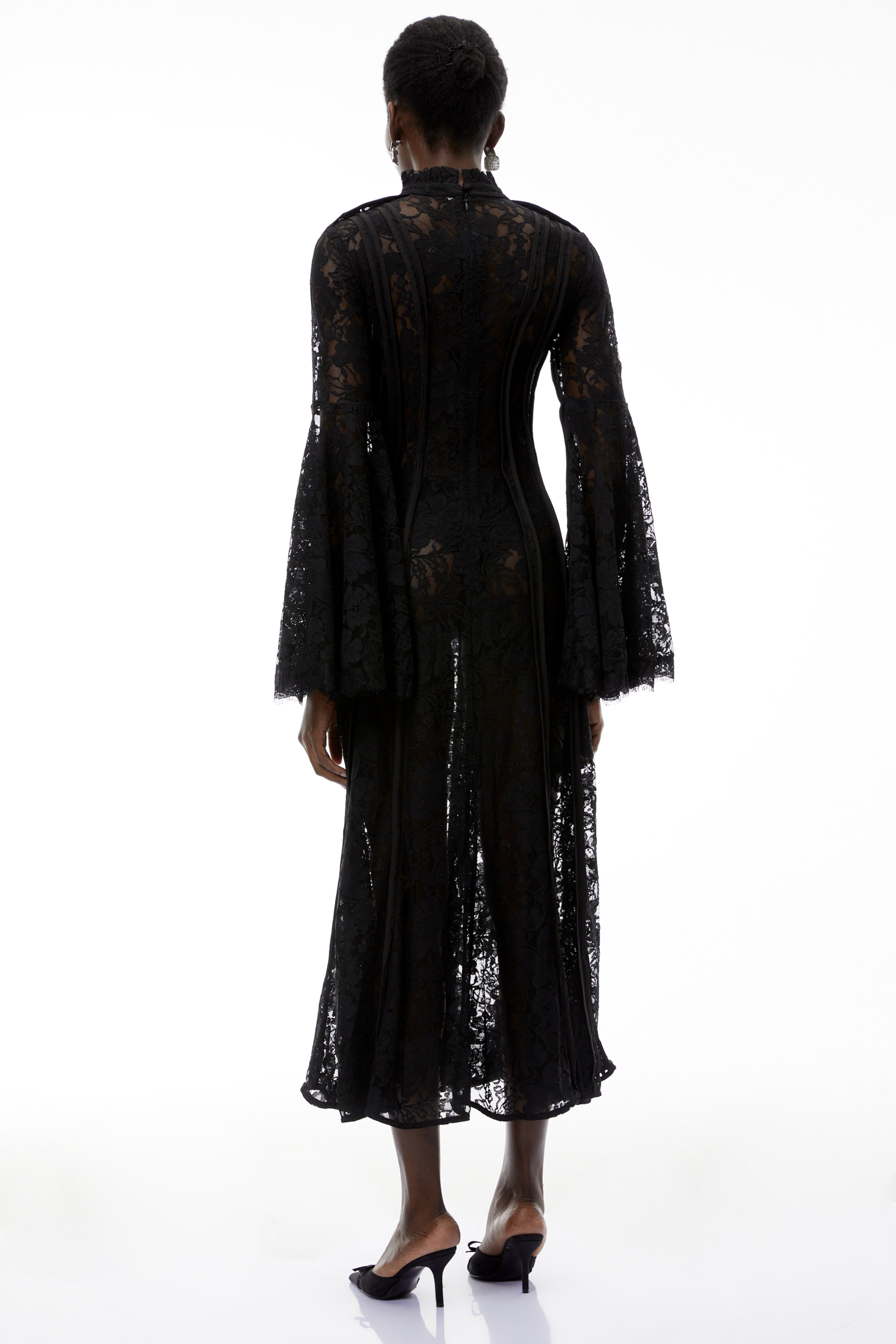 Elodiea Black Floral Lace Flared Sleeves Midi Dress