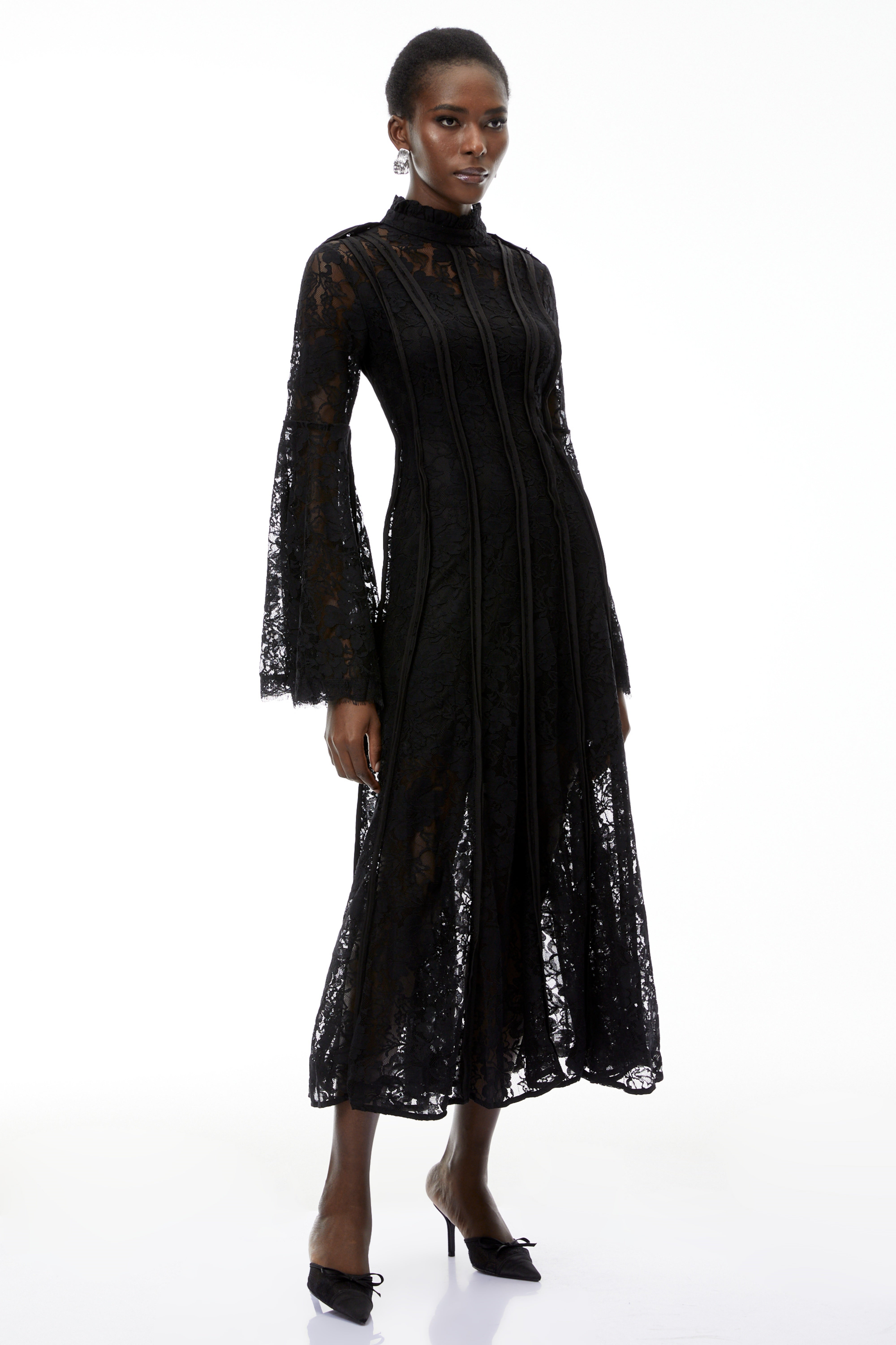 Elodiea Black Floral Lace Flared Sleeves Midi Dress