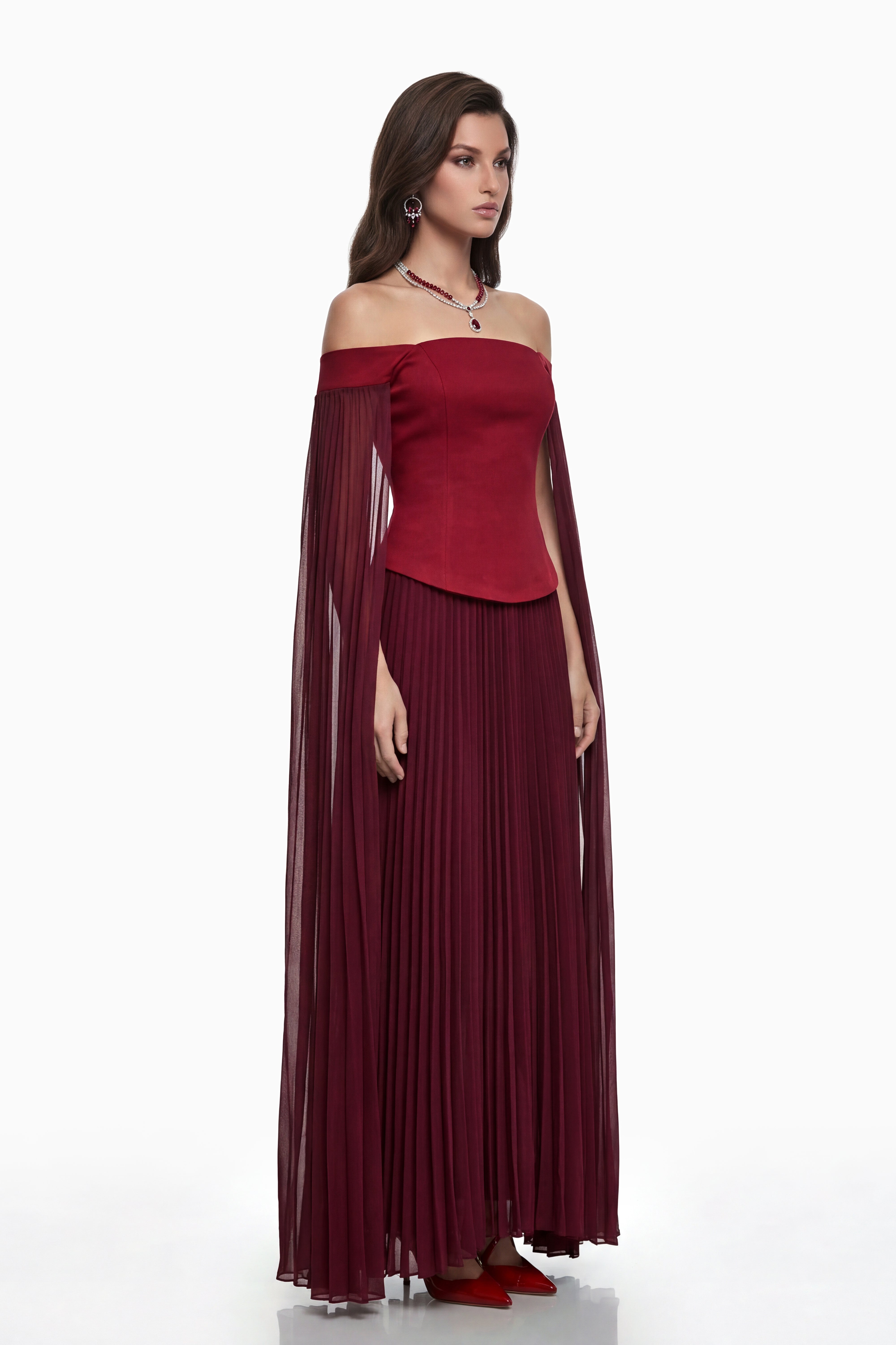 Elowenna Red Off Shoulder Top & Pleated Skirt Set
