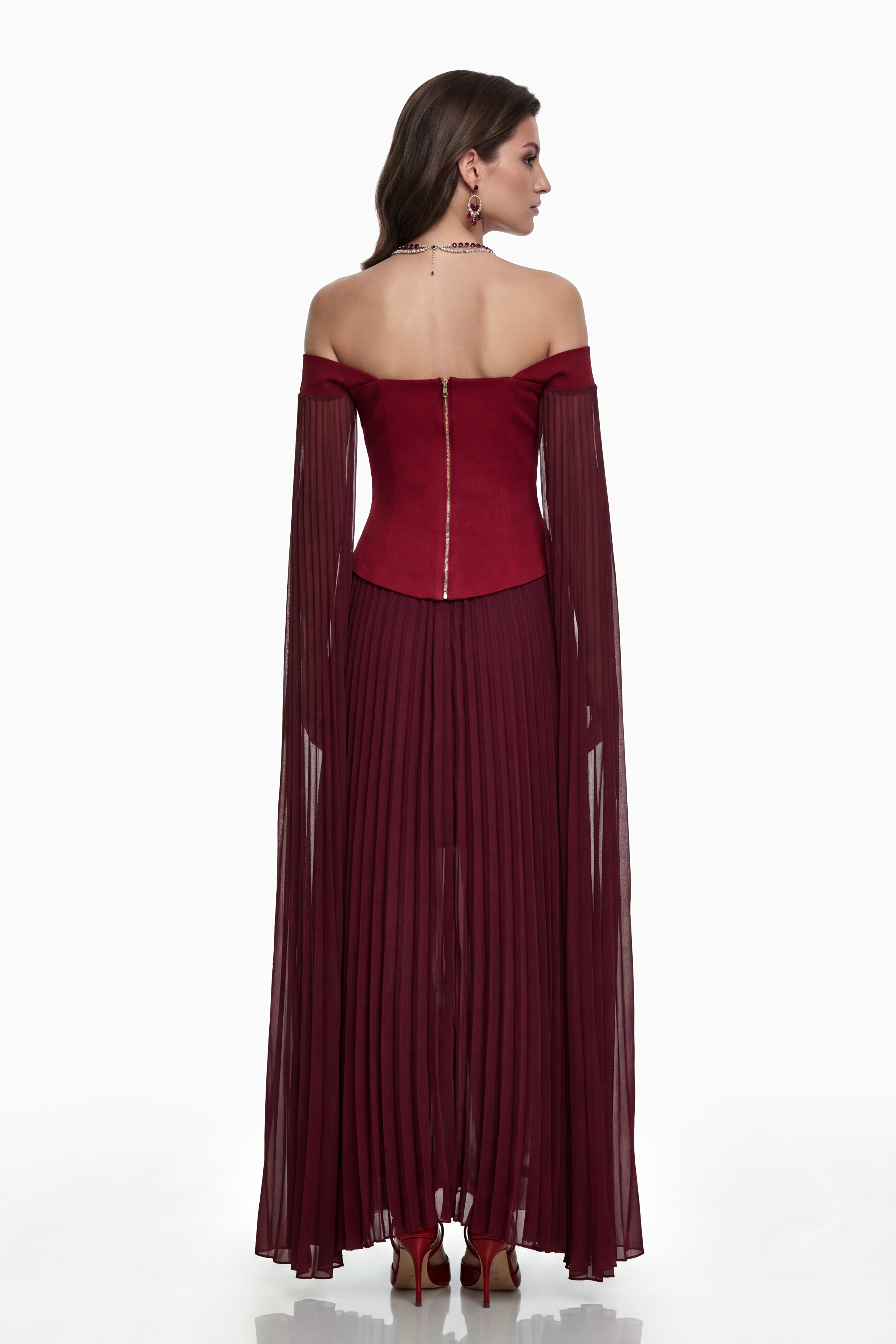 Elowenna Red Off Shoulder Top & Pleated Skirt Set