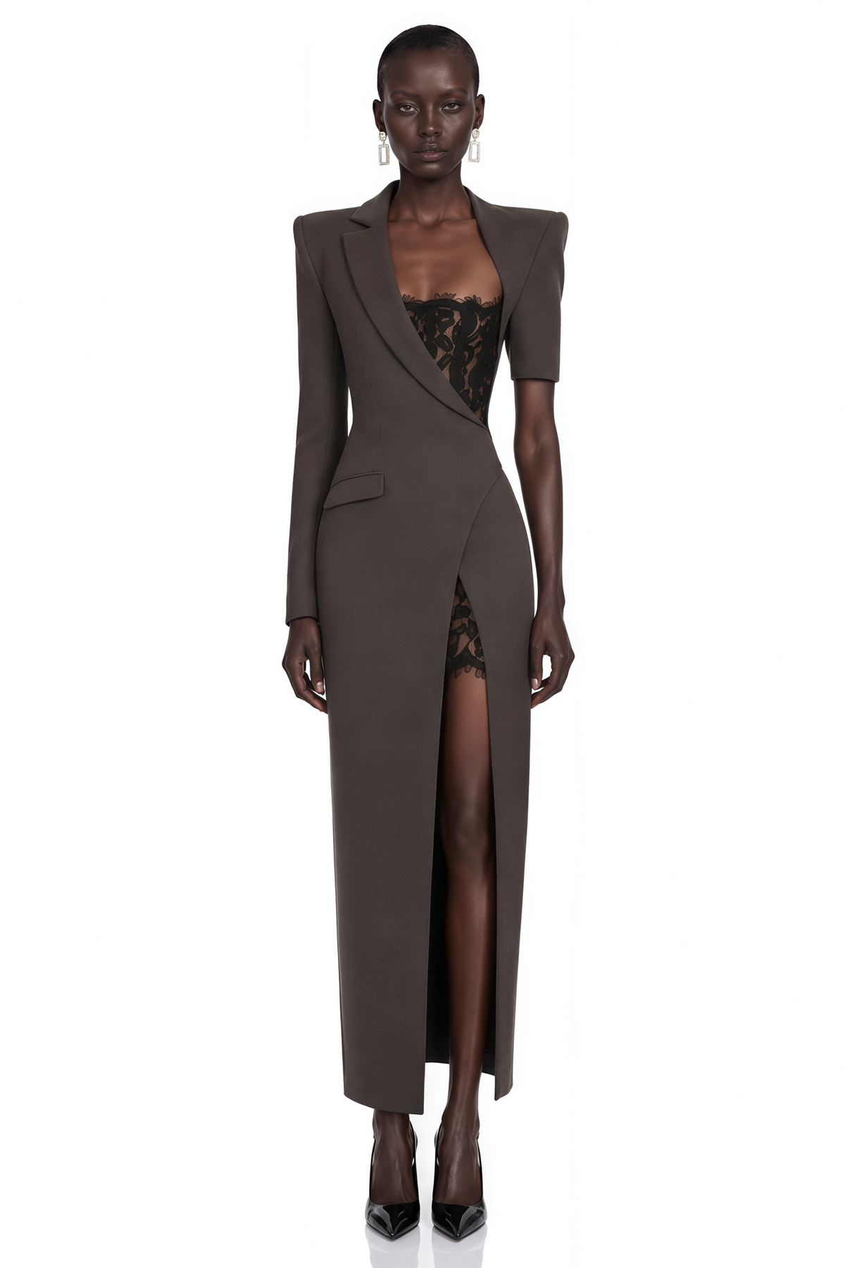 Elowyn grey tailored maxi dress with lace inserts and slit