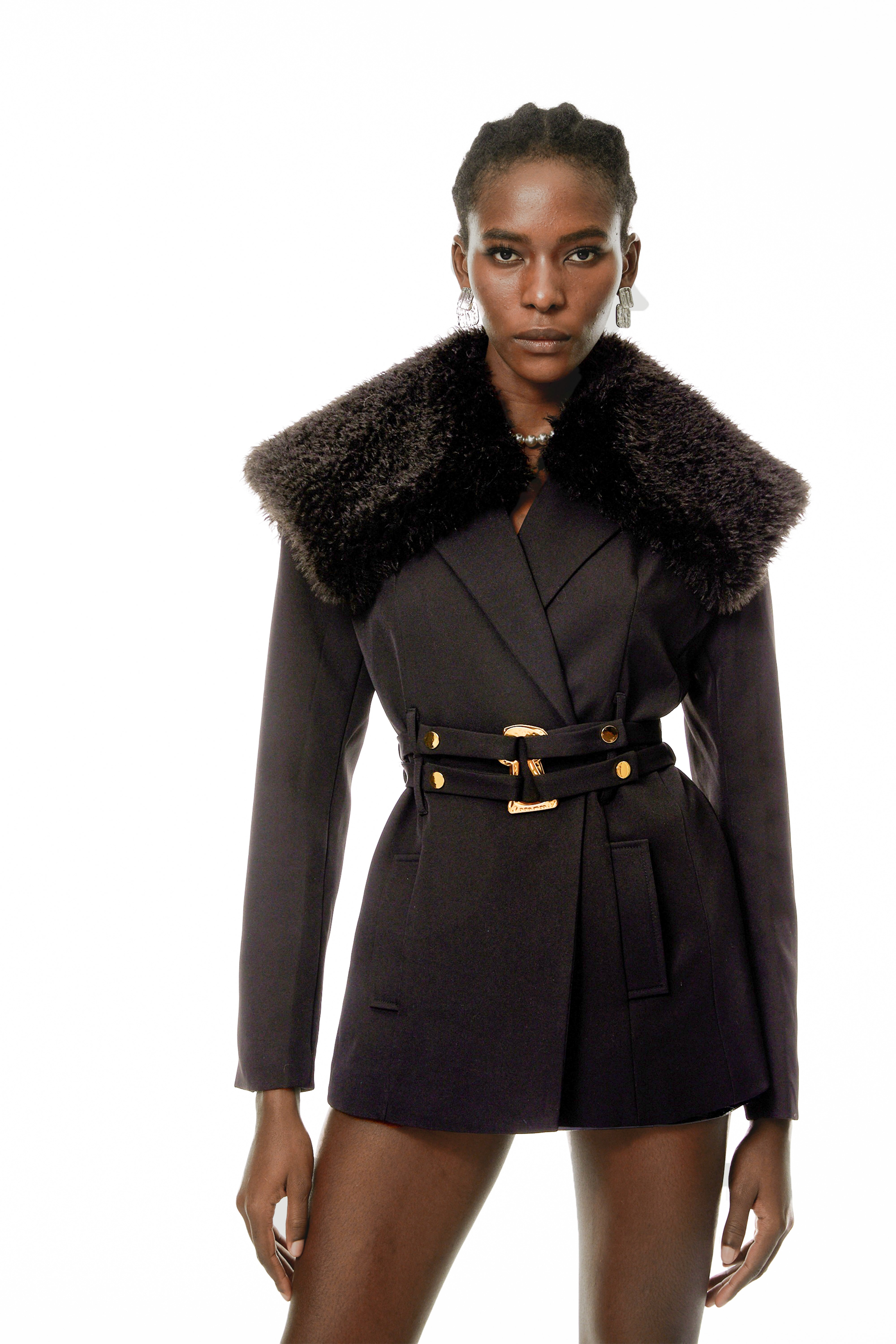 Elsa Black Fur Lapel Blazer With Belt (Final Sale)
