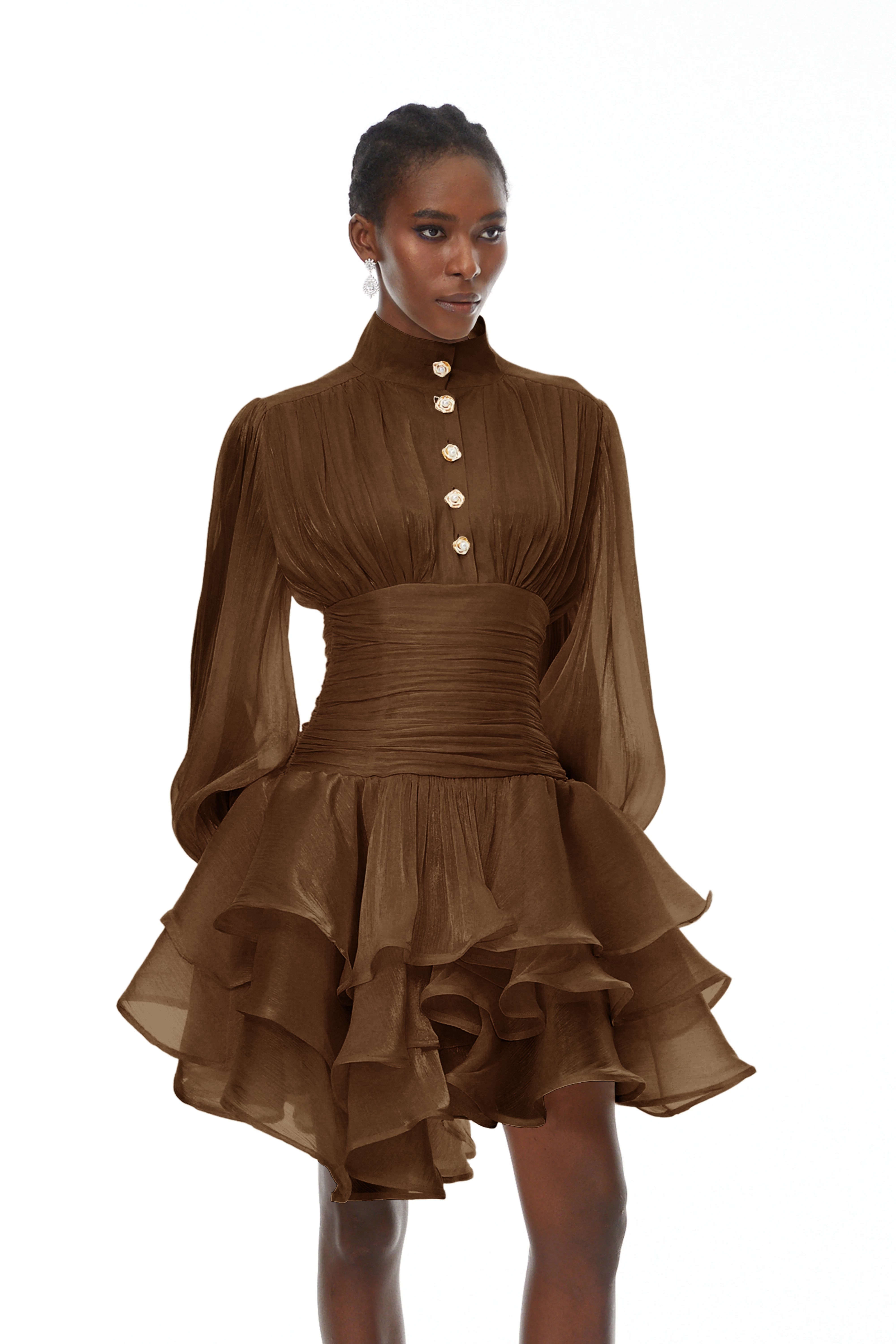 Emersyn Brown High-Neck Ruffled Detail Mini Dress