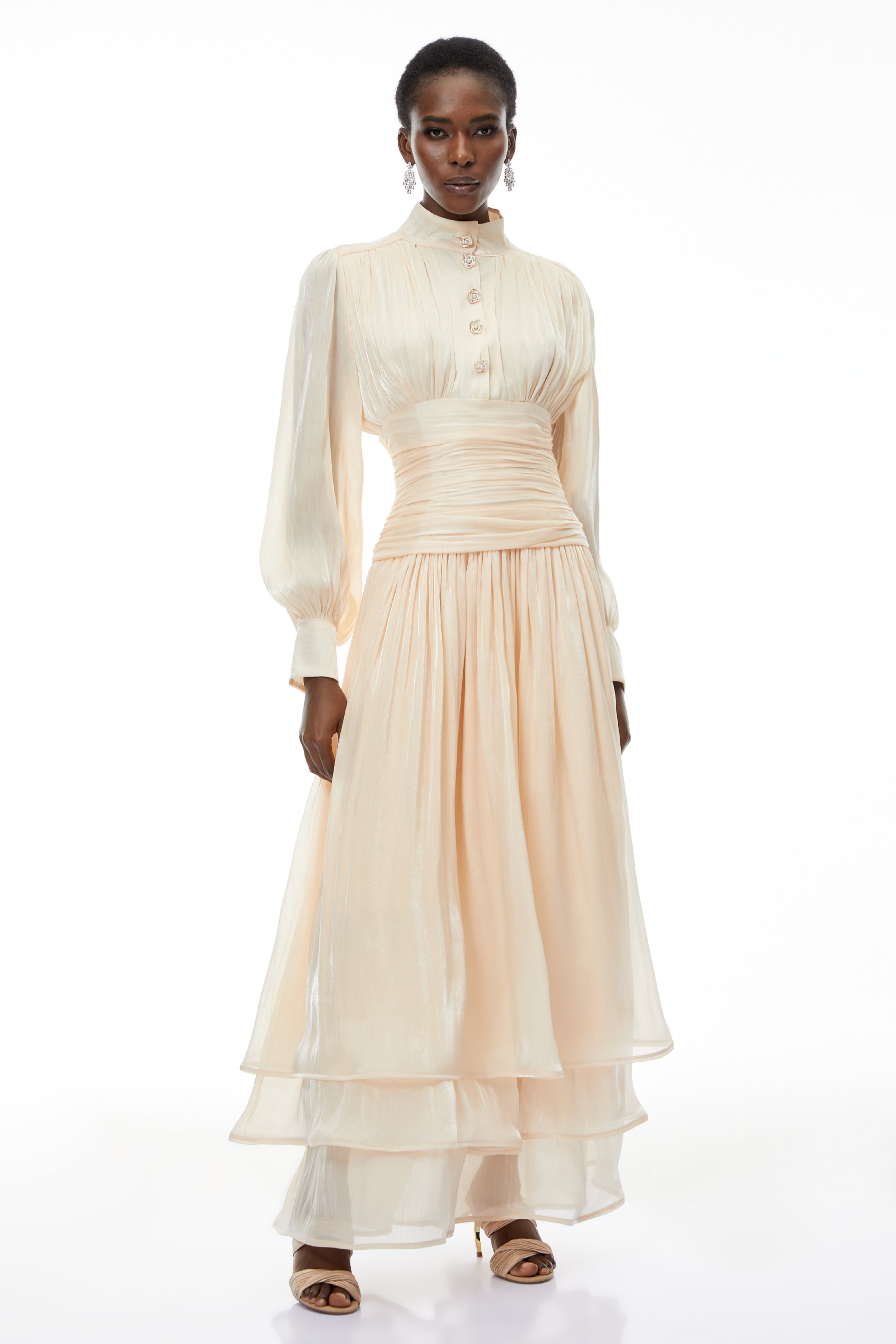 Emersyn Neutrals High-Neck Ruffled Detail Maxi Dress (Final Sale-US Only)