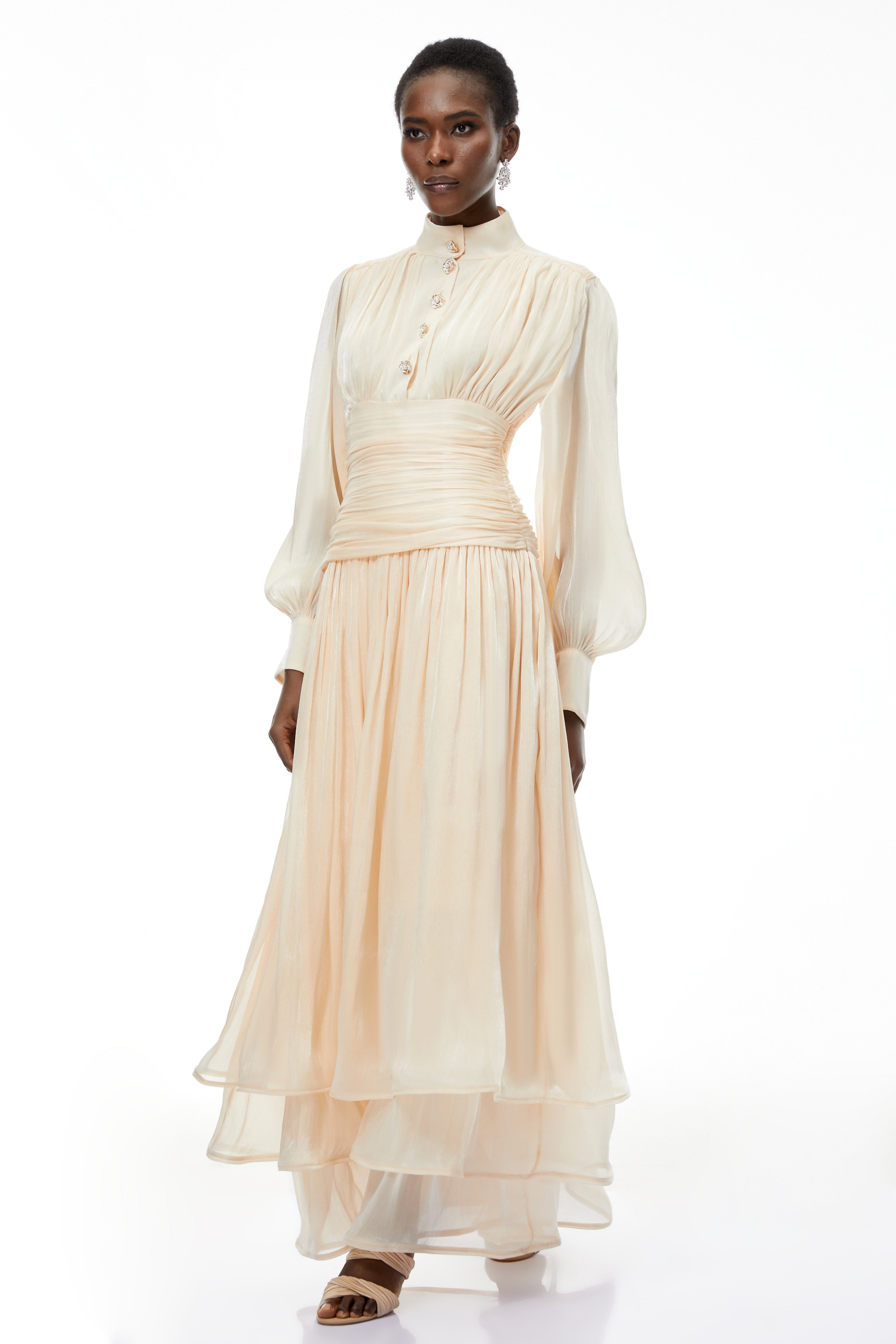 Emersyn Neutrals High-Neck Ruffled Detail Maxi Dress (Final Sale-US Only)