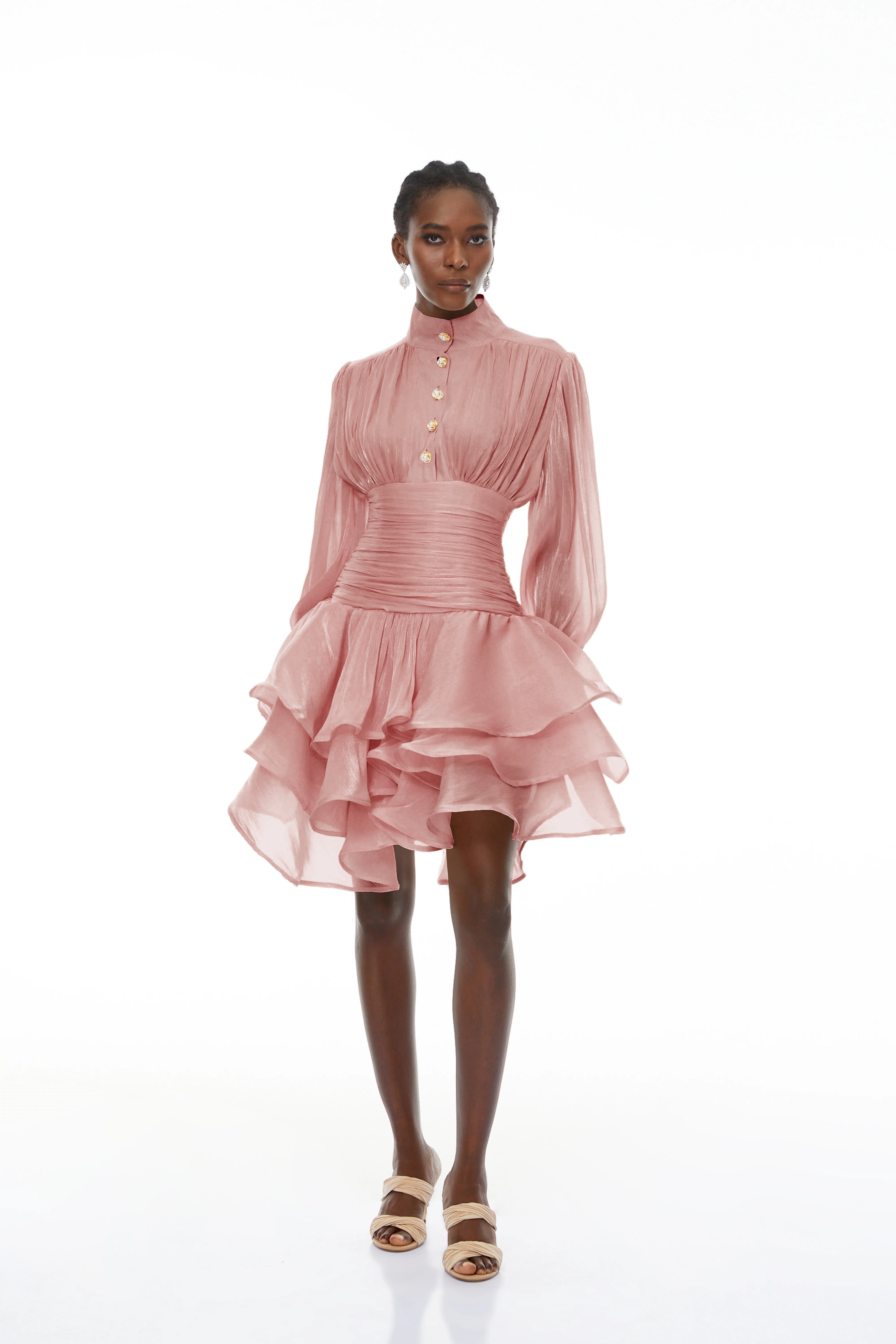 Emersyn Pink High-Neck Ruffled Detail Mini Dress (Final Sale-US Only)