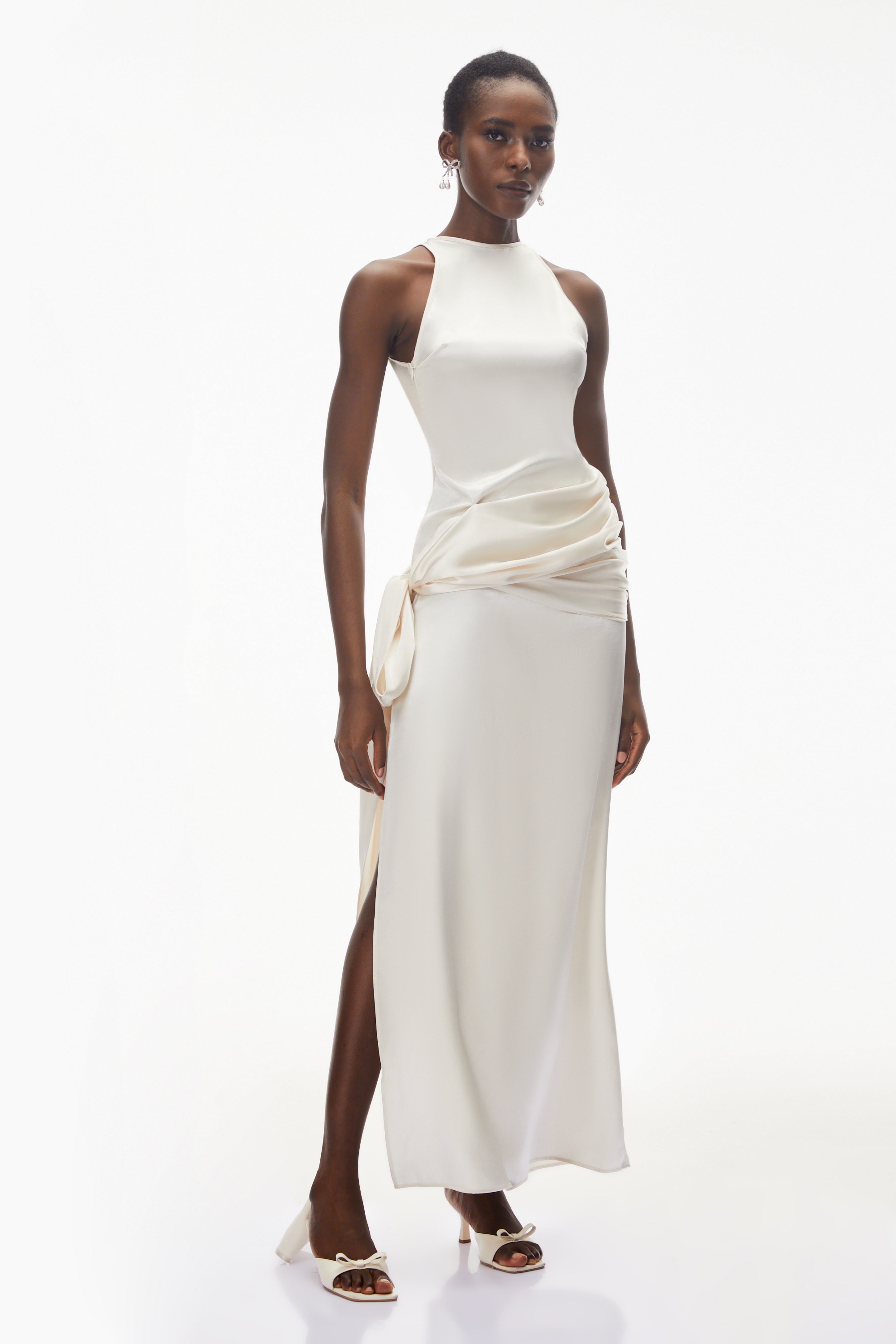 Emilia Ivory Satin Maxi Dress with Bow Detail