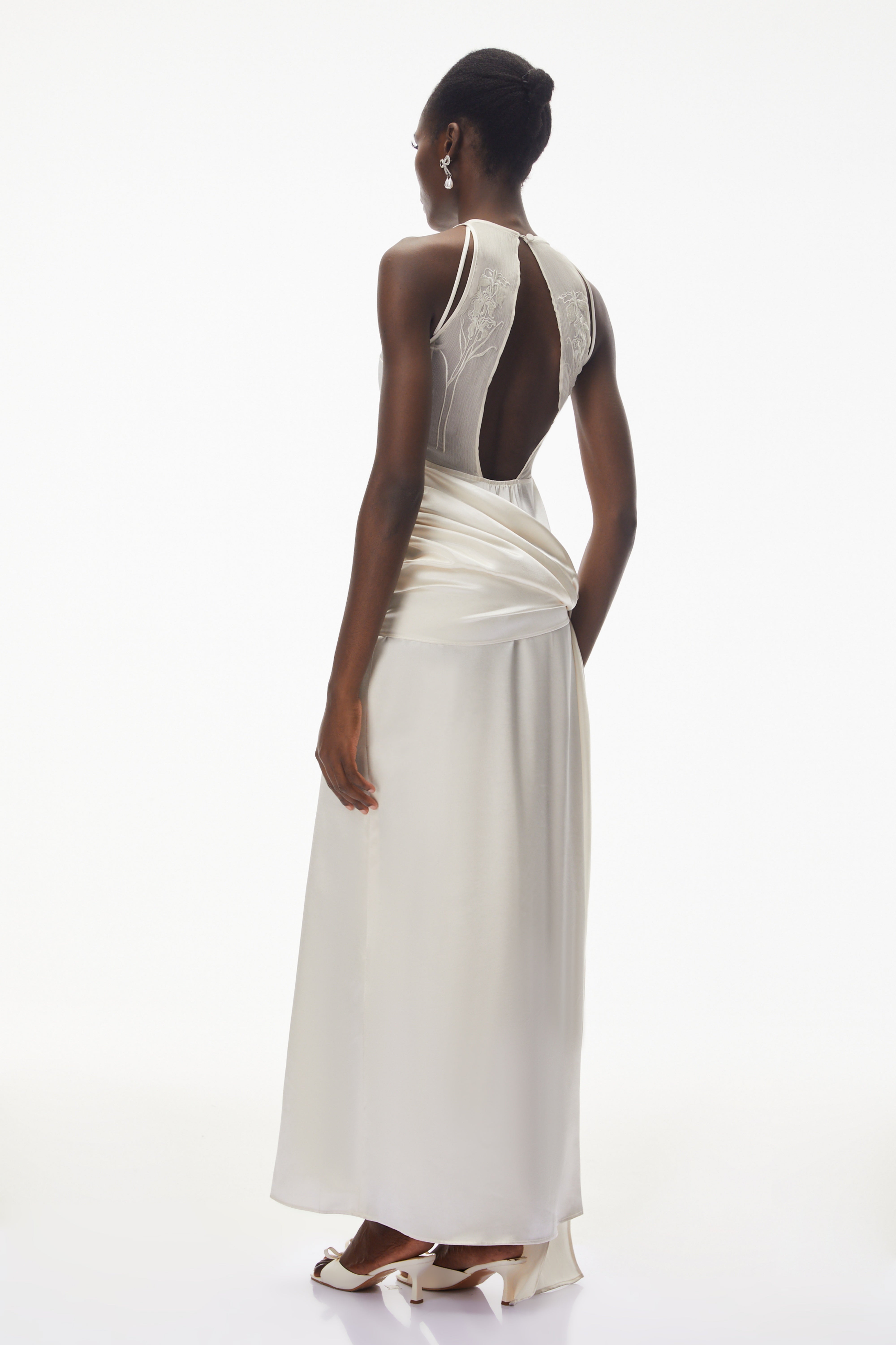 Emilia Ivory Satin Maxi Dress with Bow Detail
