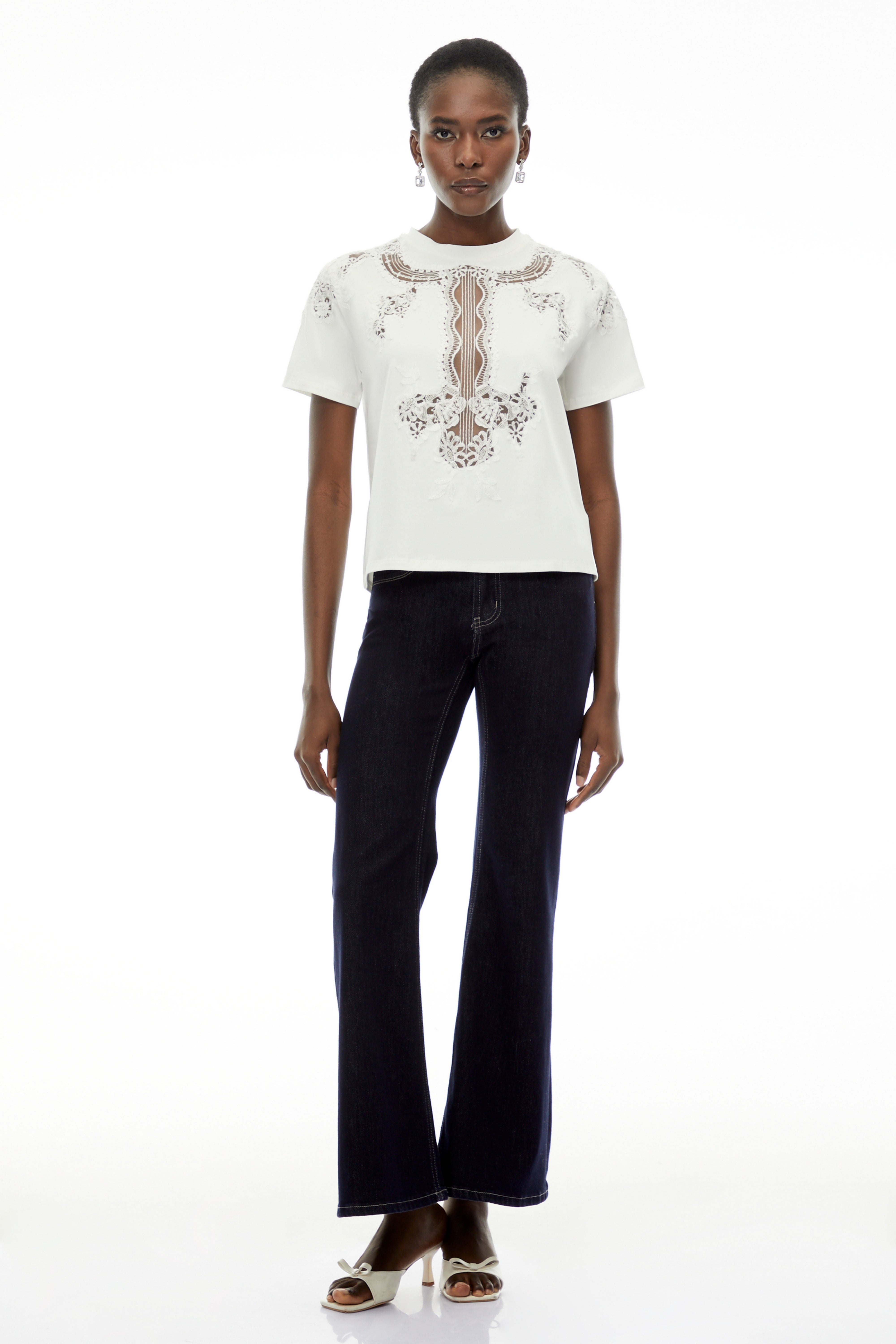 Emma White Floral Lace T-Shirt with Mesh Panels