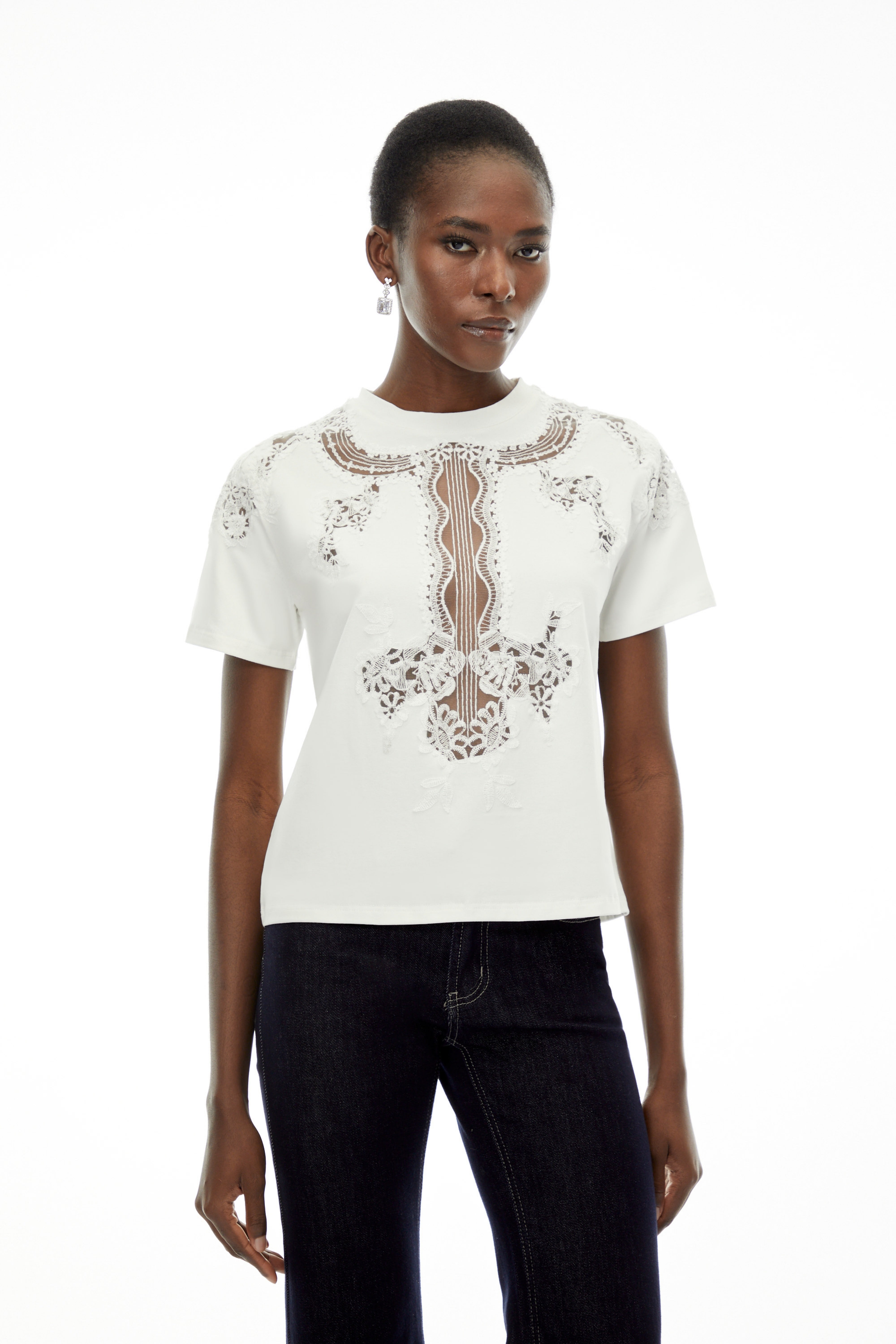 Emma White Floral Lace T-Shirt with Mesh Panels