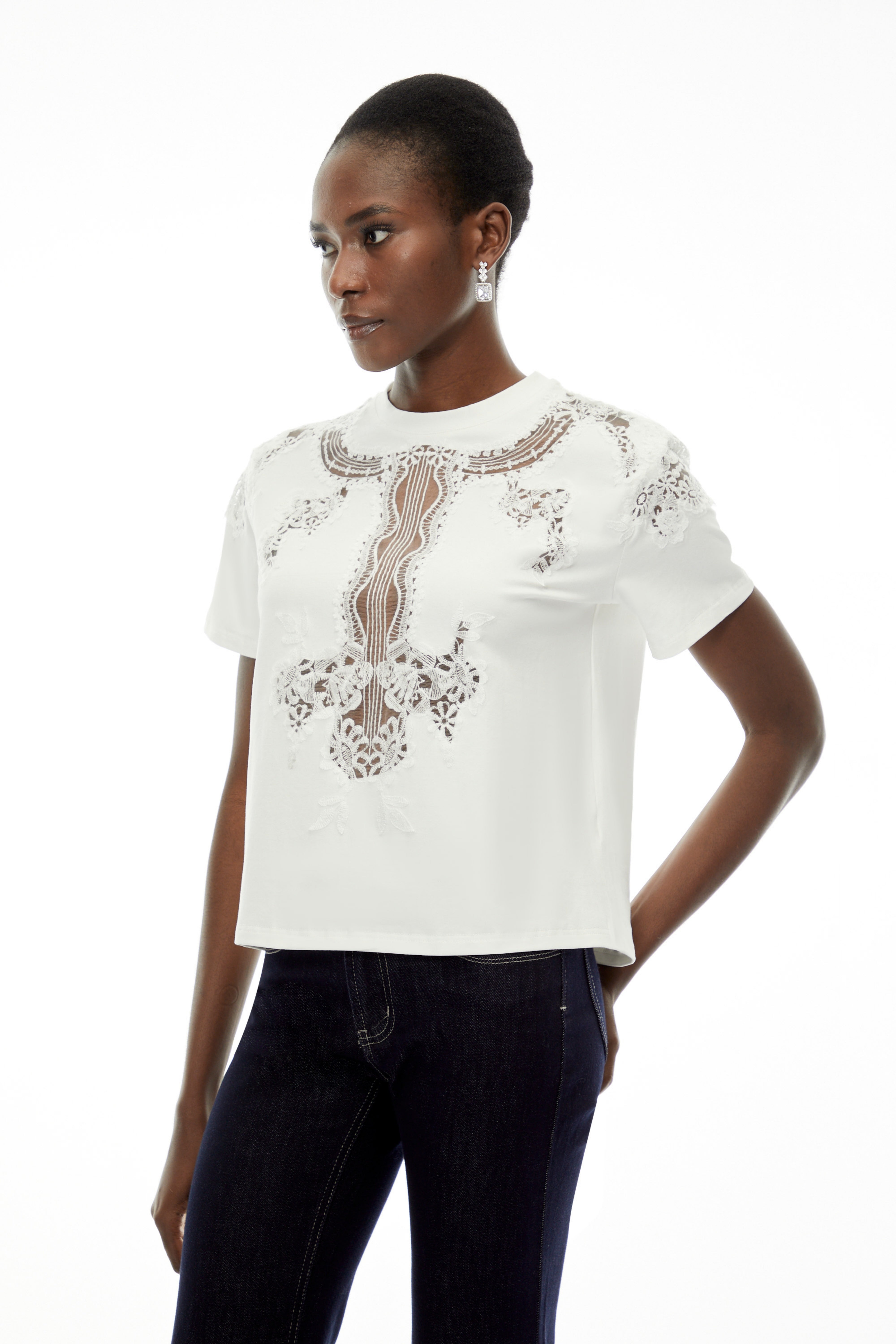 Emma White Floral Lace T-Shirt with Mesh Panels