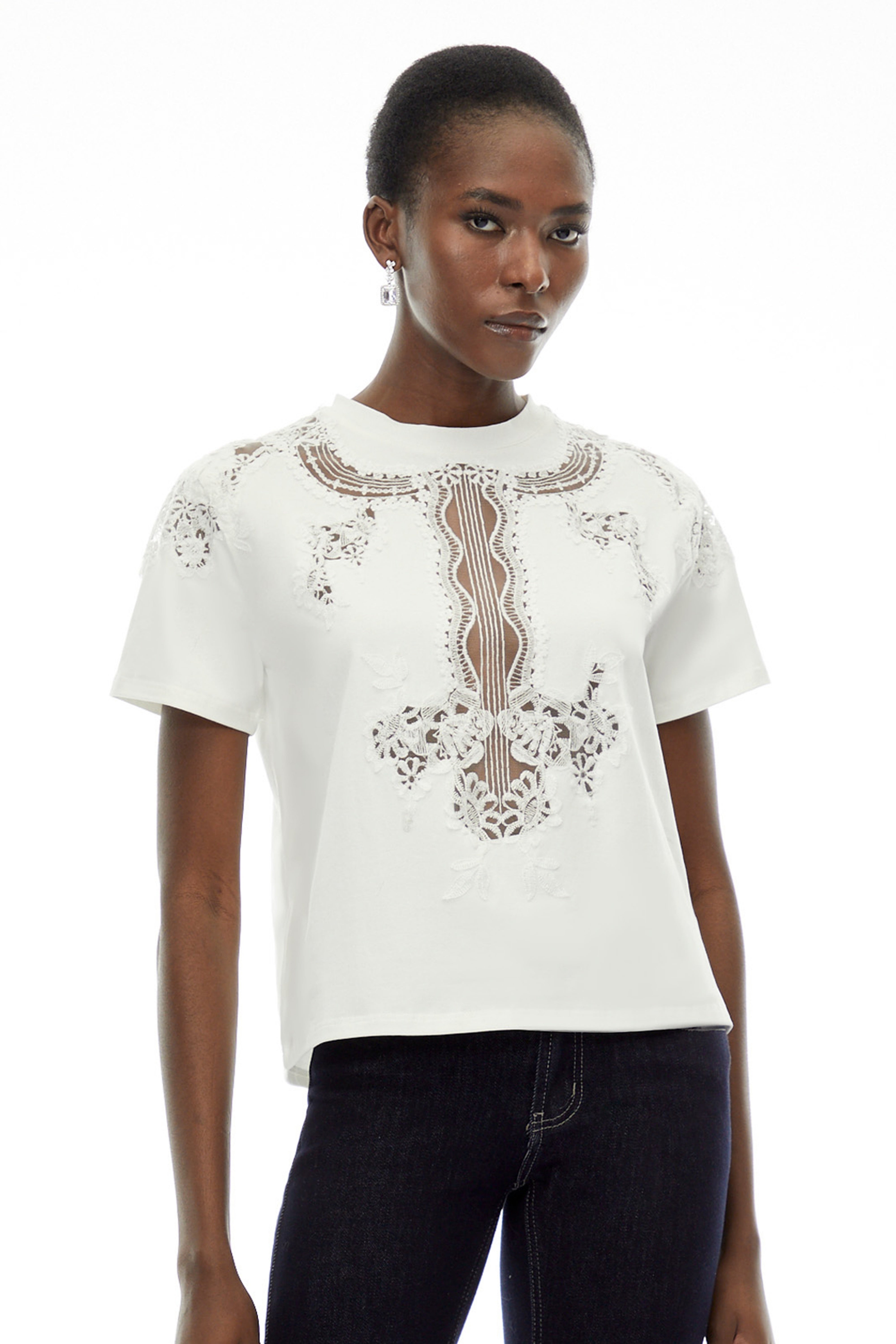 Emma White Floral Lace T-Shirt with Mesh Panels
