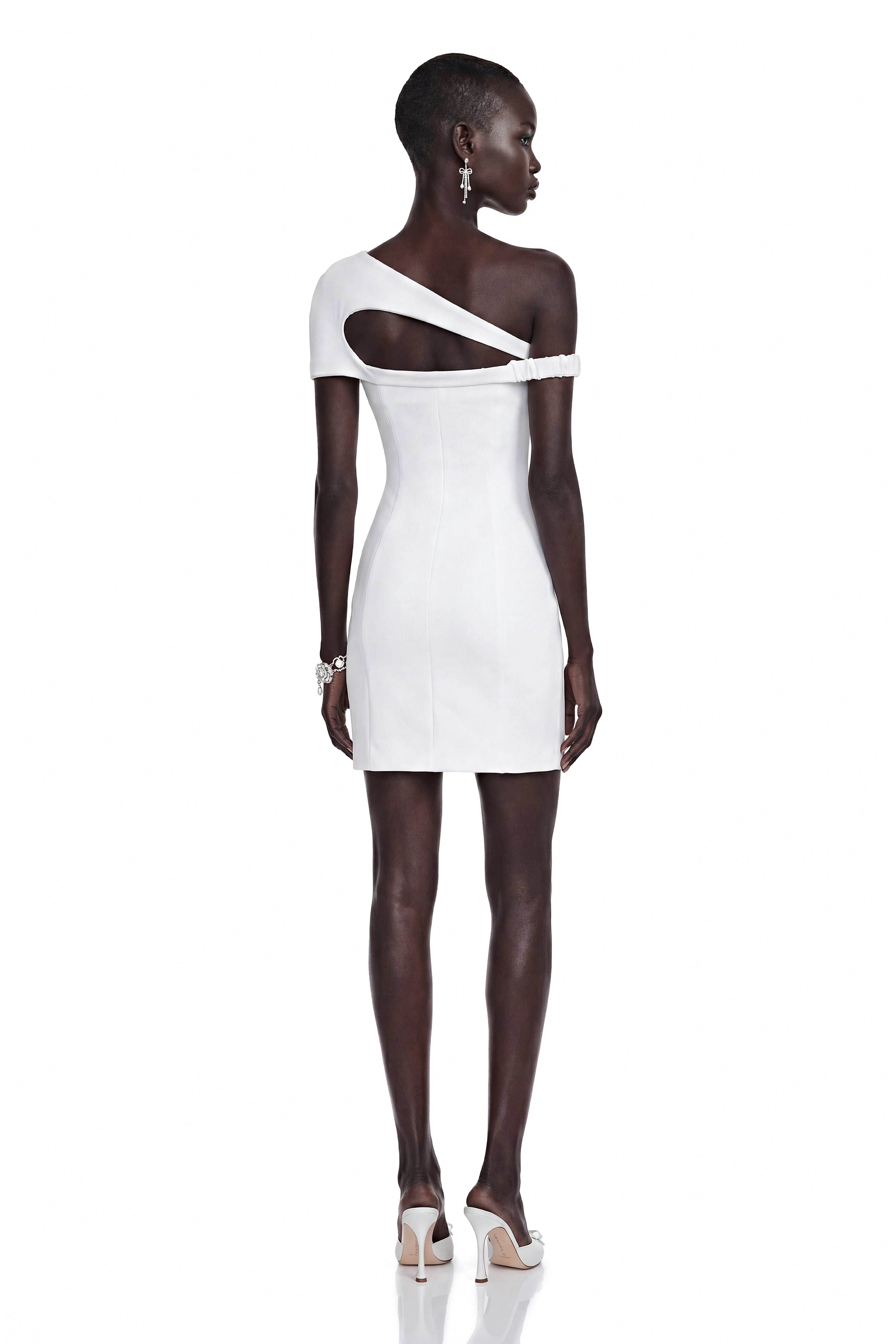 Emma White One Shoulder Cut-Out Mini Dress with Slit