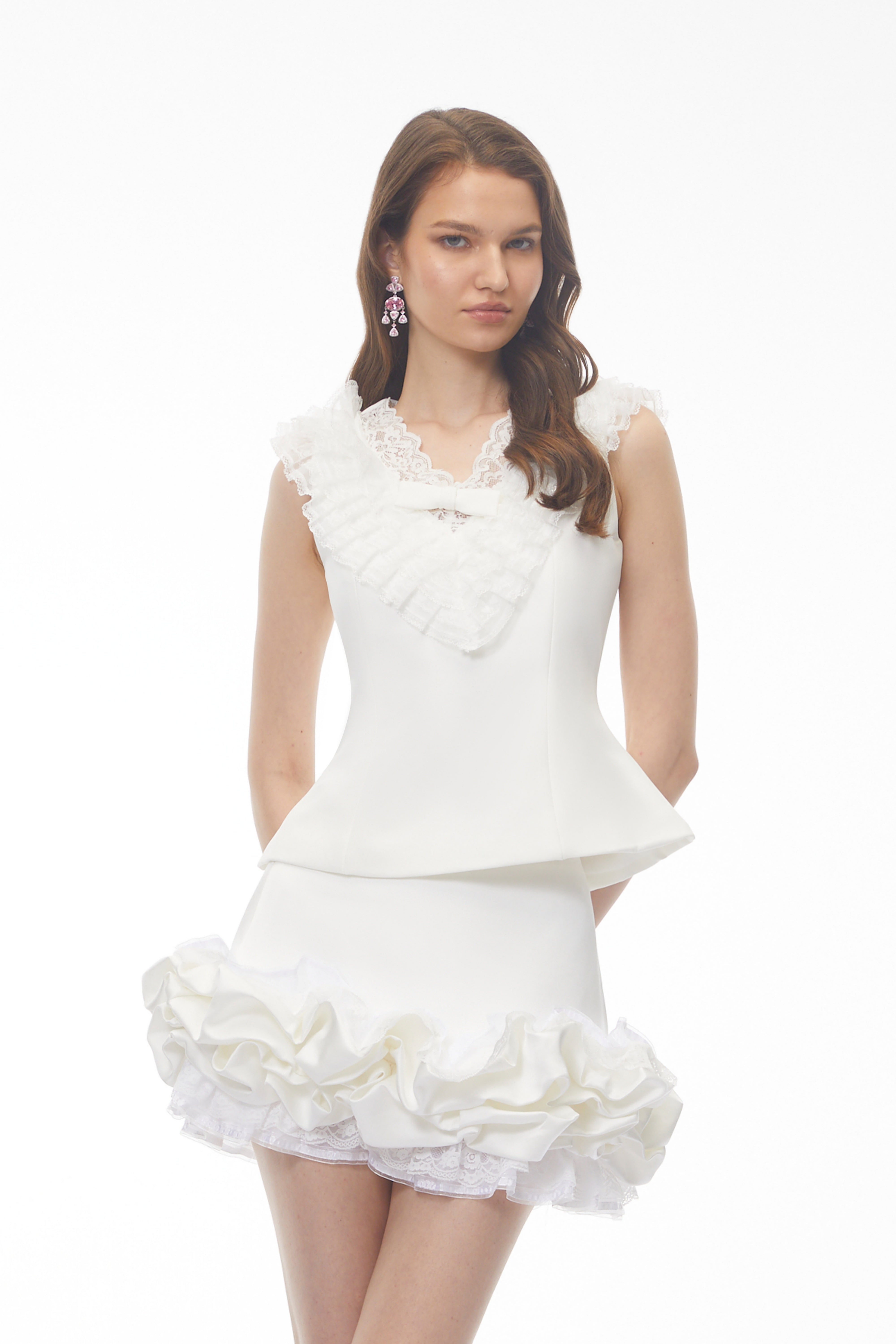 Emmeline White V-Neck Top & Ruffled Skirt Set