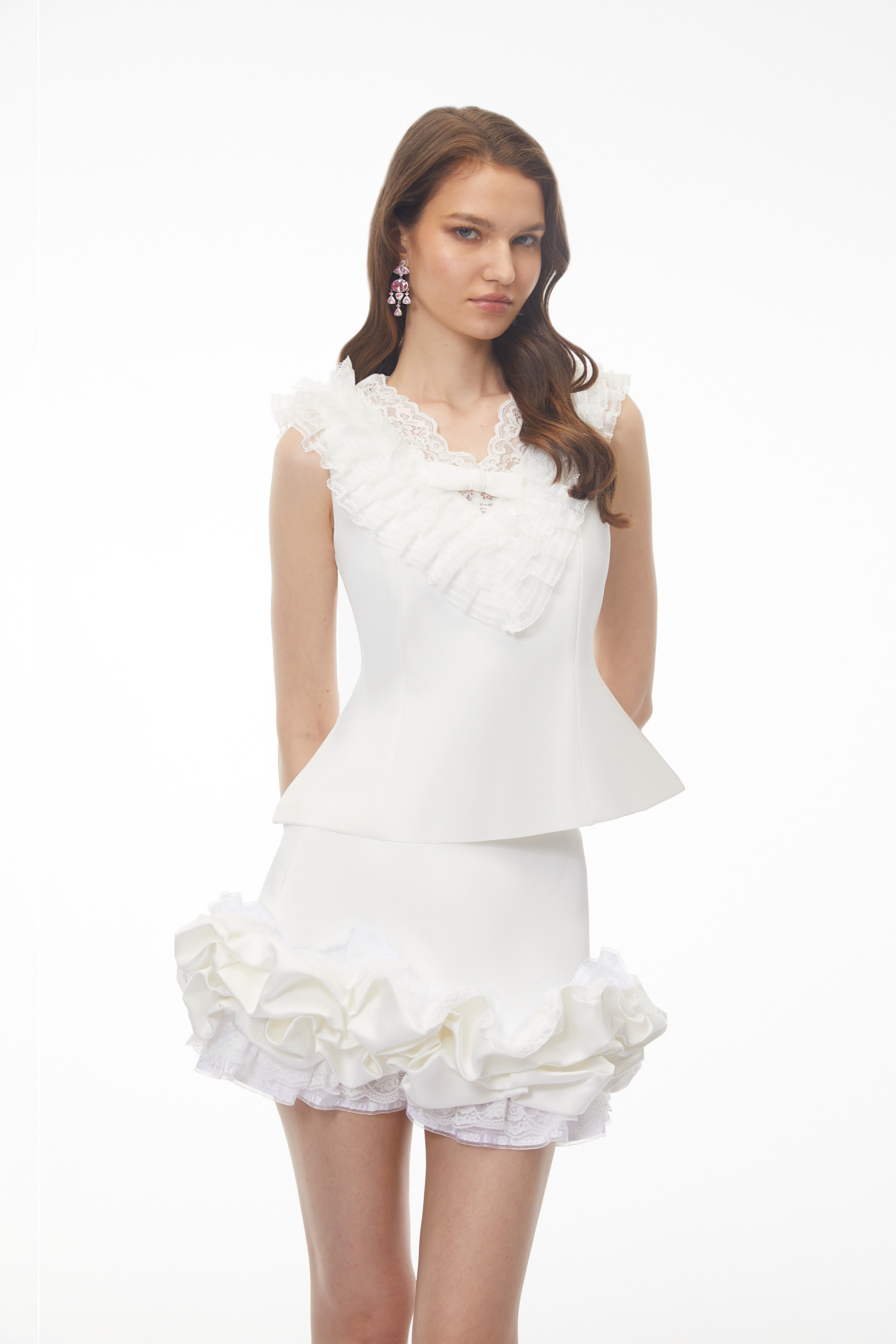 Emmeline White V-Neck Top & Ruffled Skirt Set