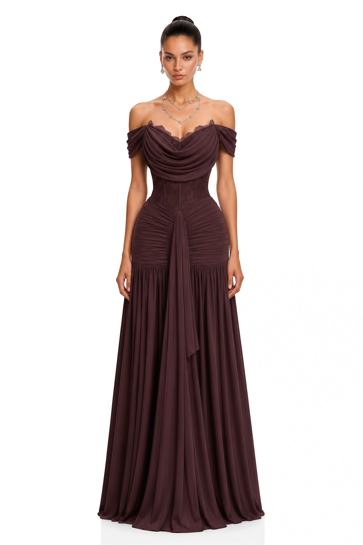 eponine brown lace ruched off-shoulder maxi dress