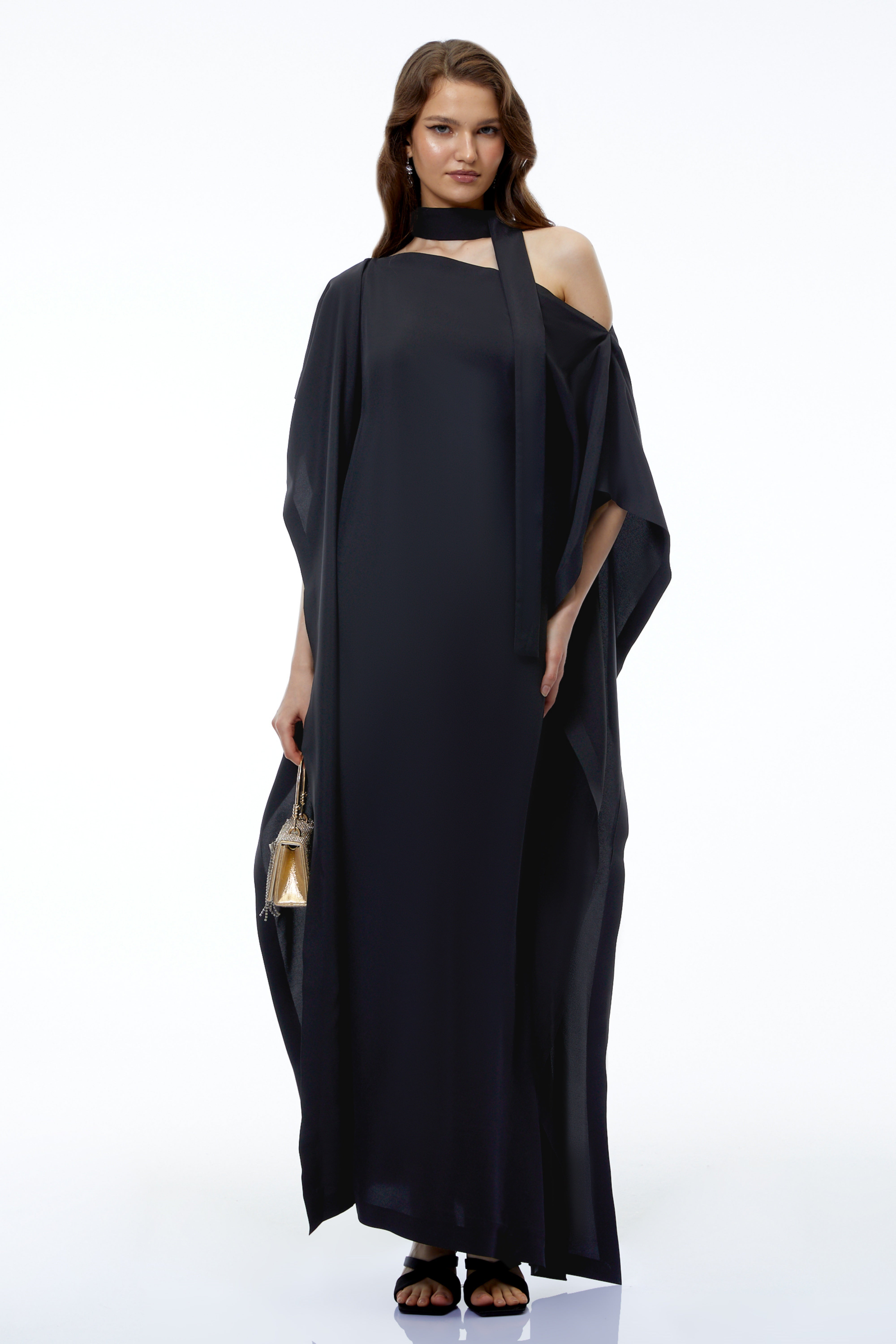 Esme Black Pleated Maxi Dress with Split Sleeves