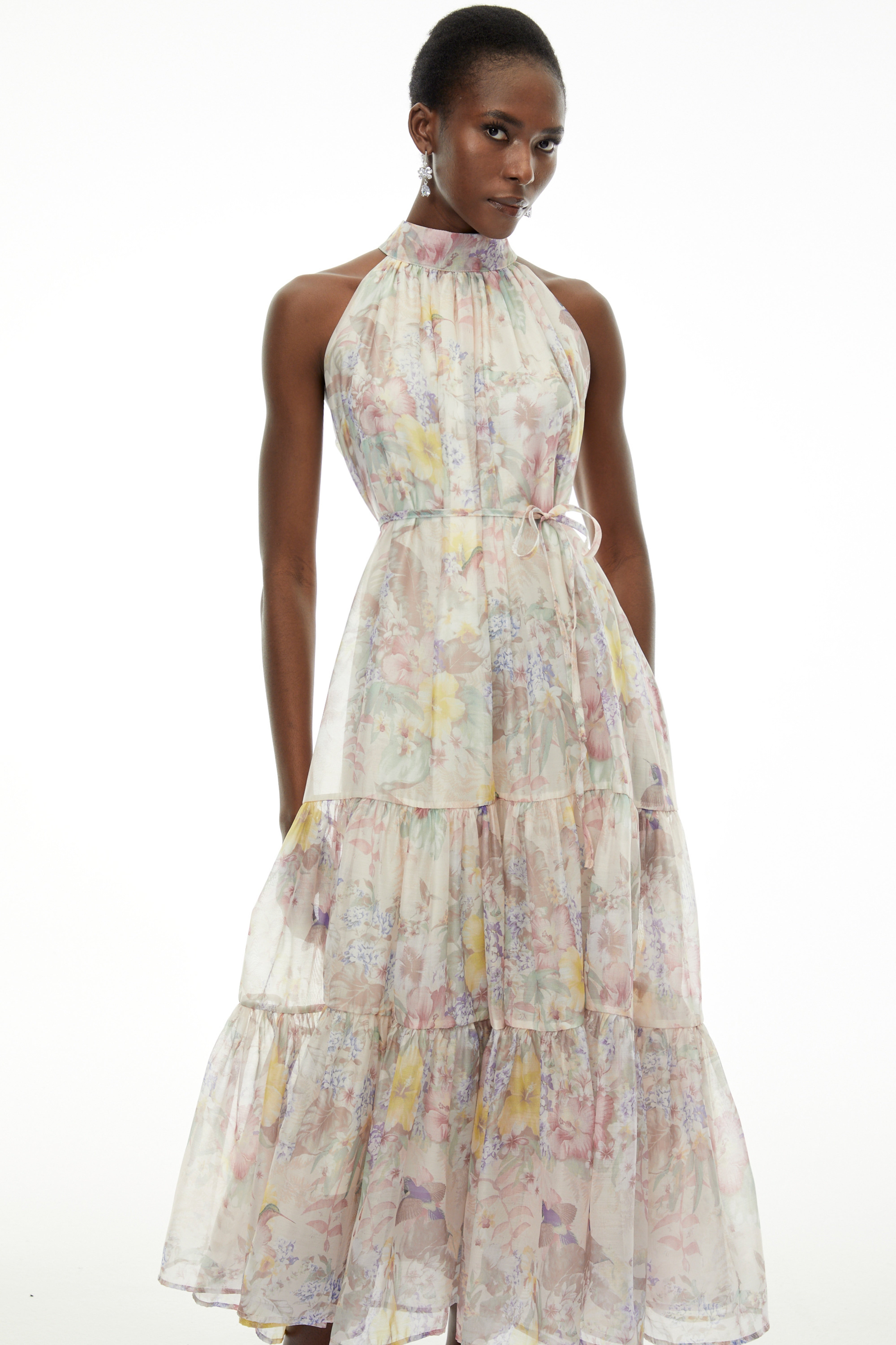 Esmeralda Pink Floral Print Tiered Maxi Dress