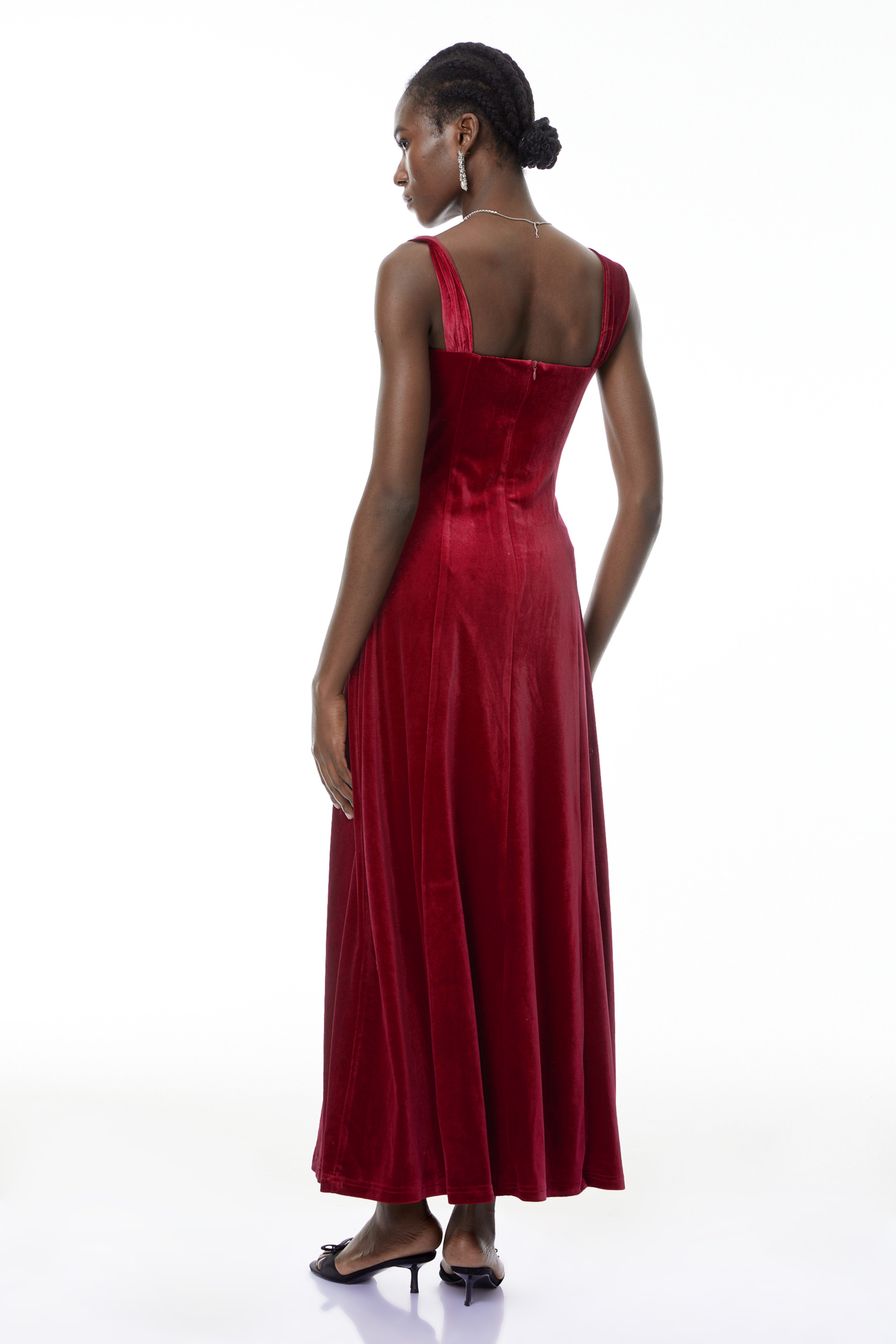 Eufrosina Red Velvet Maxi Dress with Crystals (Final Sale)