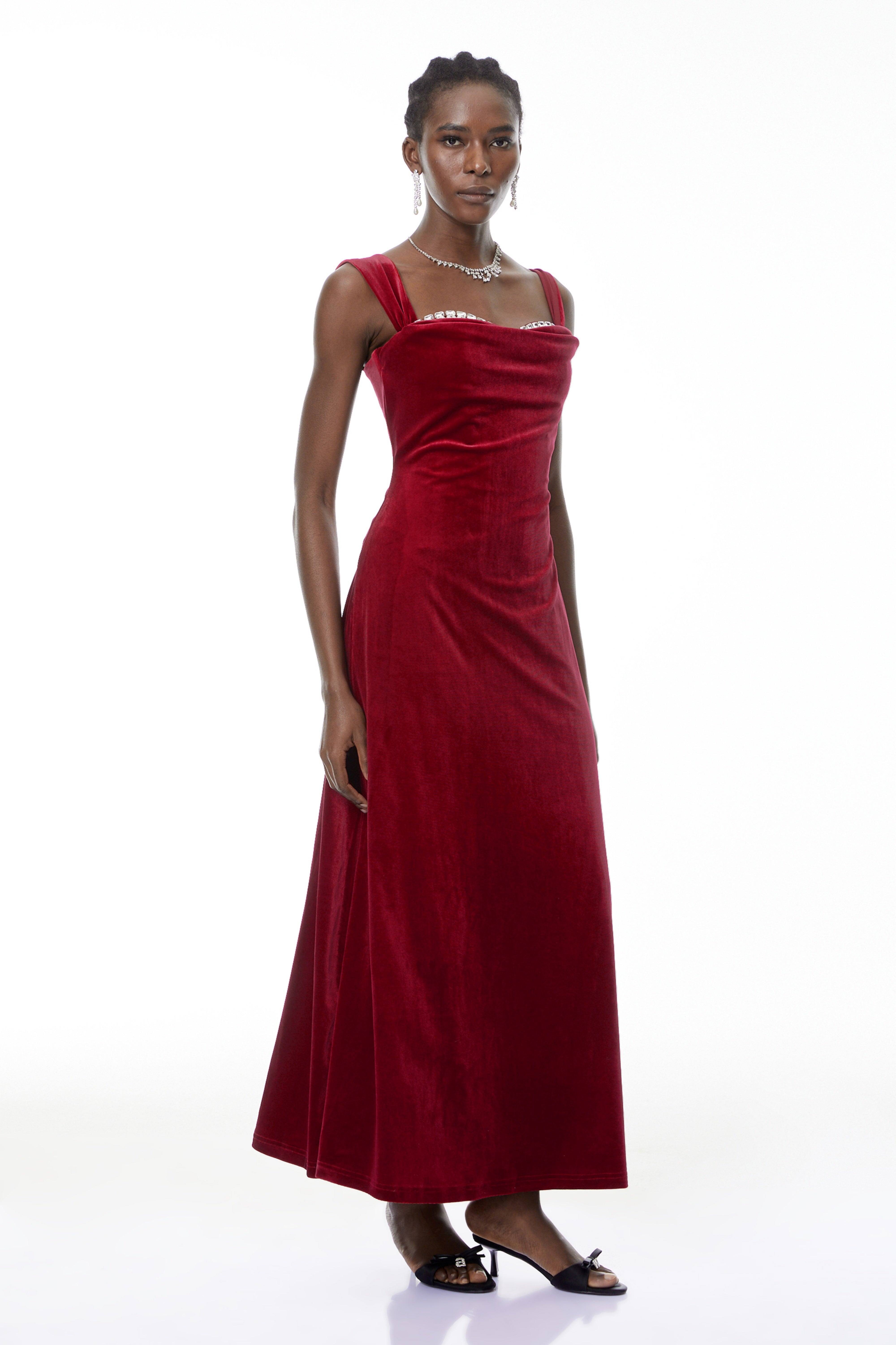 Eufrosina Red Velvet Maxi Dress with Crystals (Final Sale)