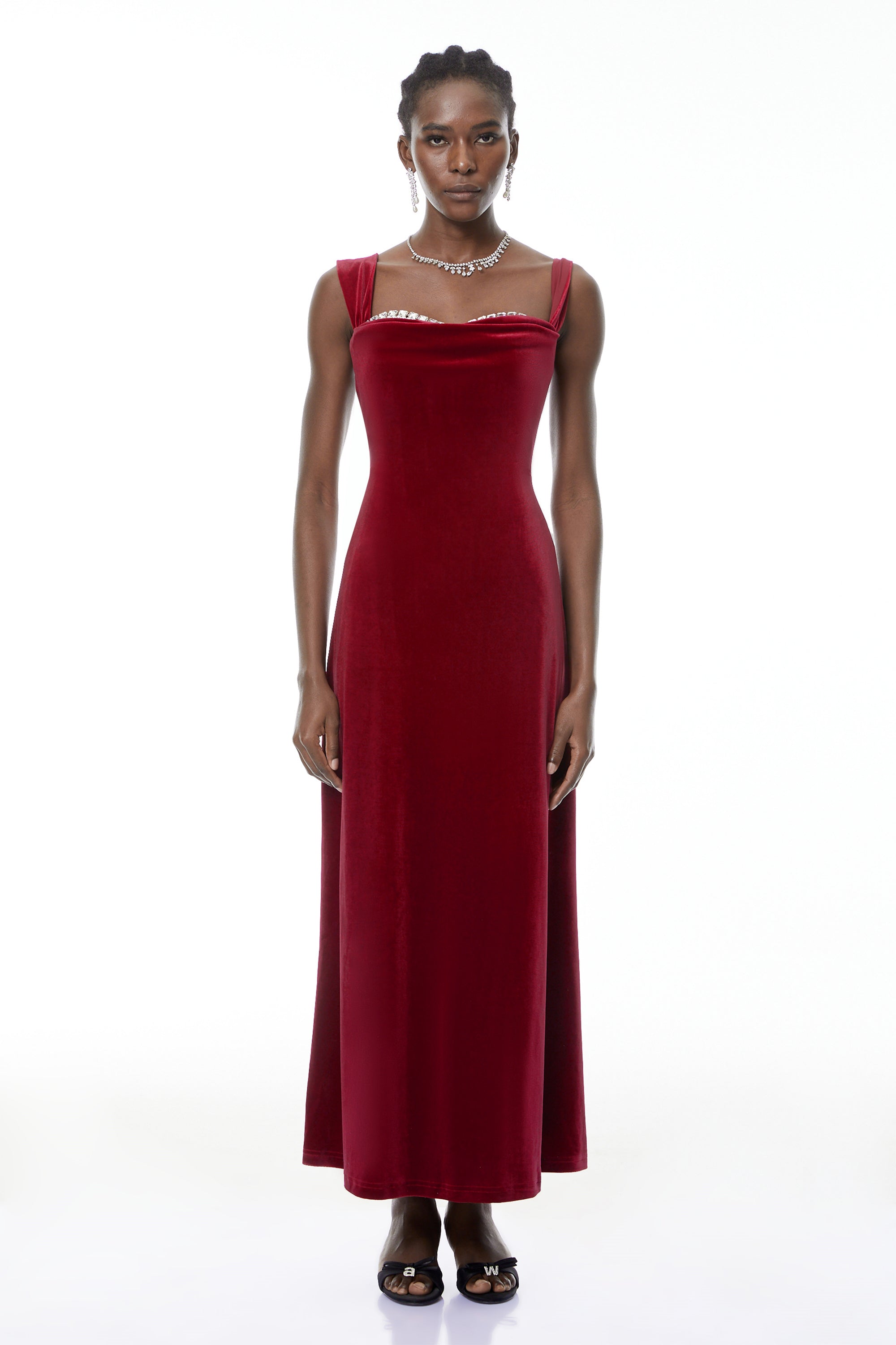 Eufrosina Red Velvet Maxi Dress with Crystals (Final Sale)