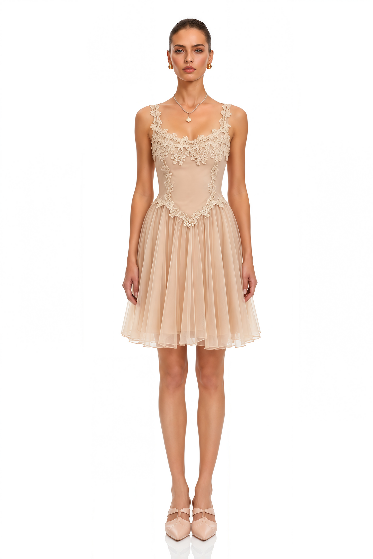 eulalie neutral lace corset tulle mini dress
