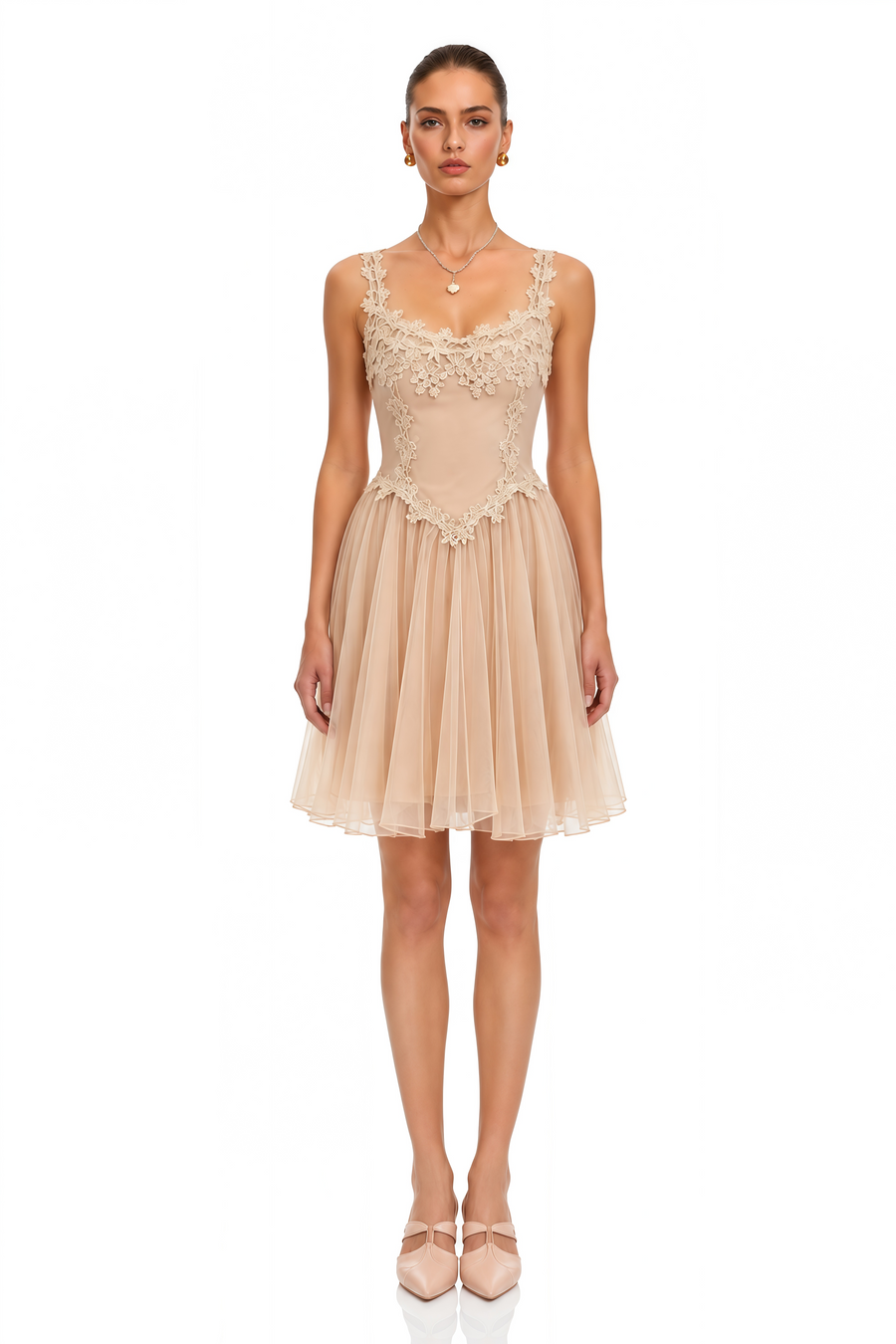 eulalie neutral lace corset tulle mini dress