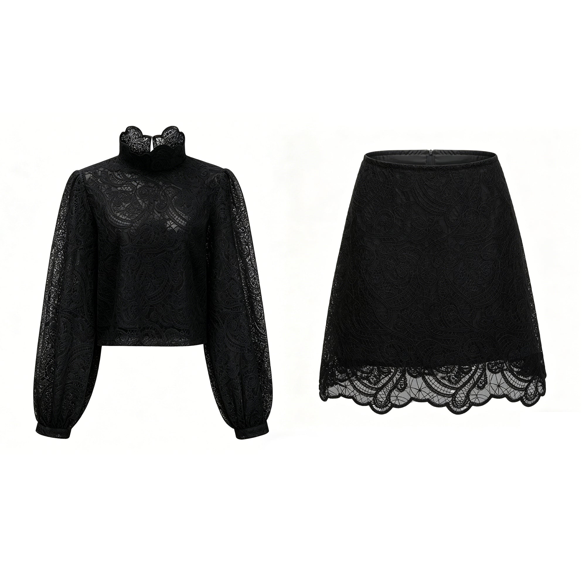 Eulalie Black Lace Blouse & Skirt Set