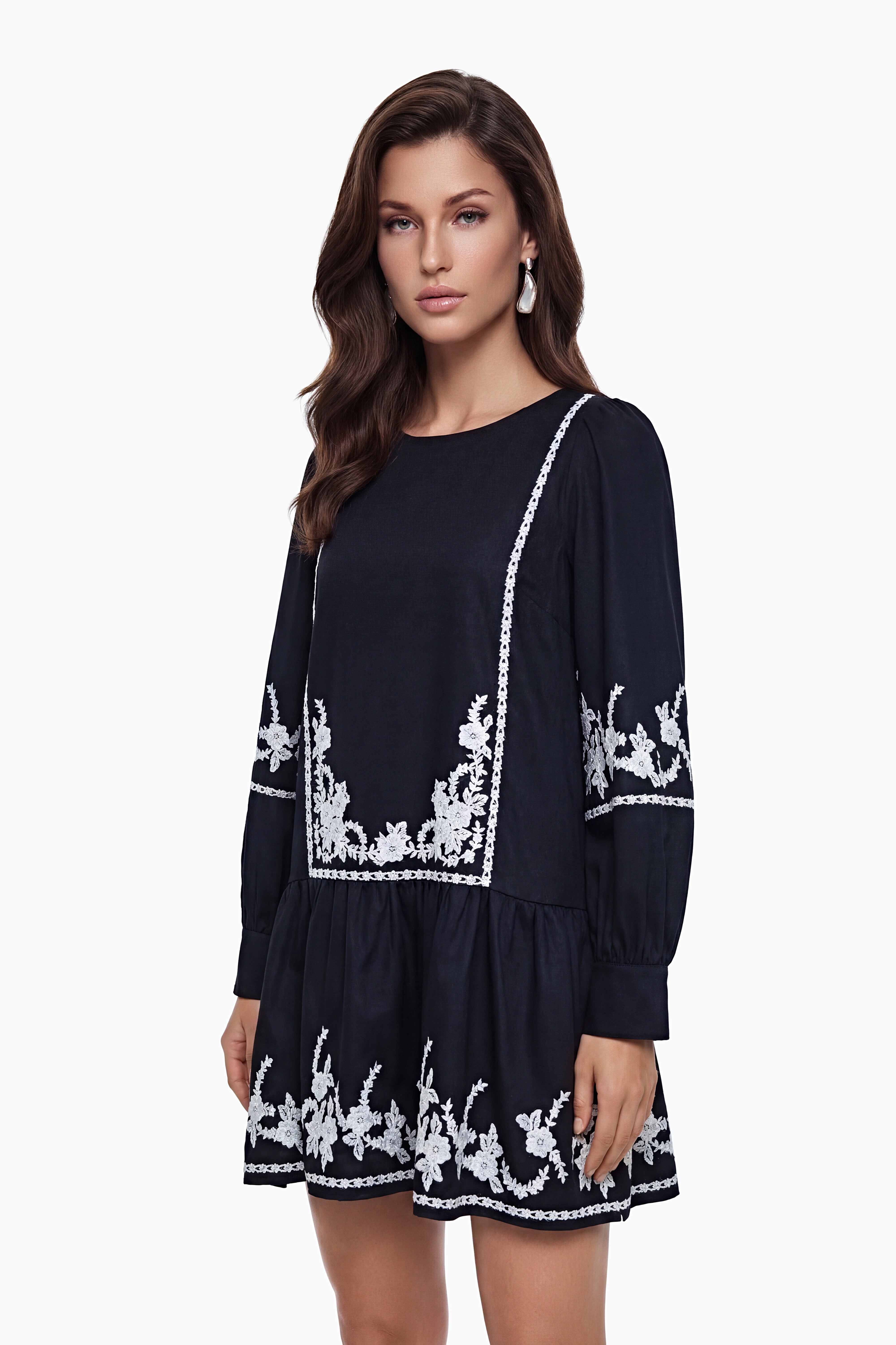 Eva Black Floral Embroidered Mini Dress