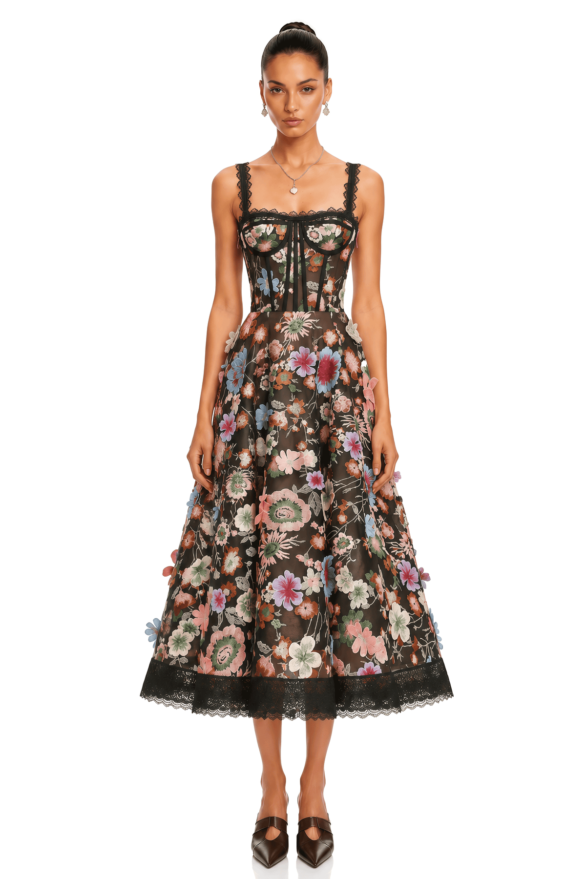 evadne black floral lace corset midi dress