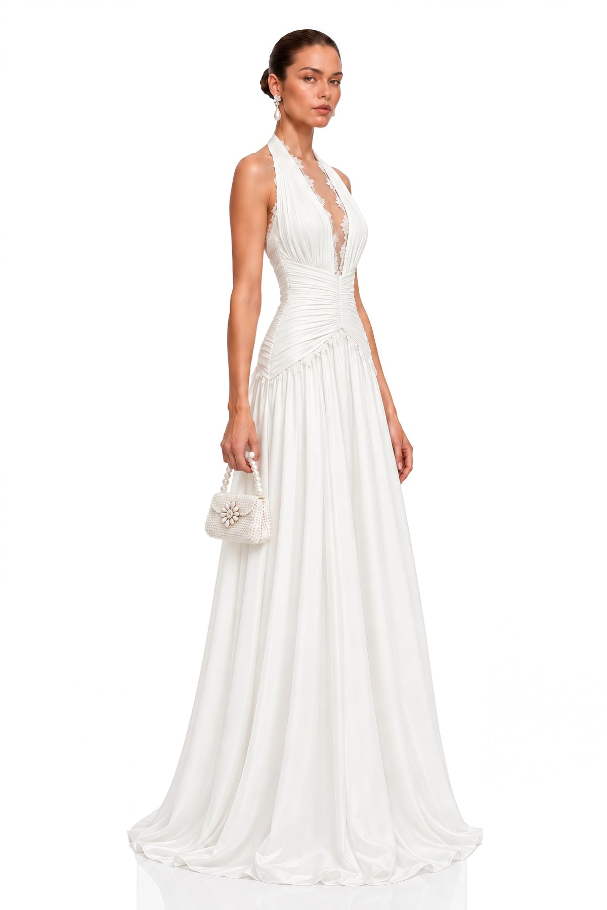 evangeline white plunging halterneck ruched maxi dress