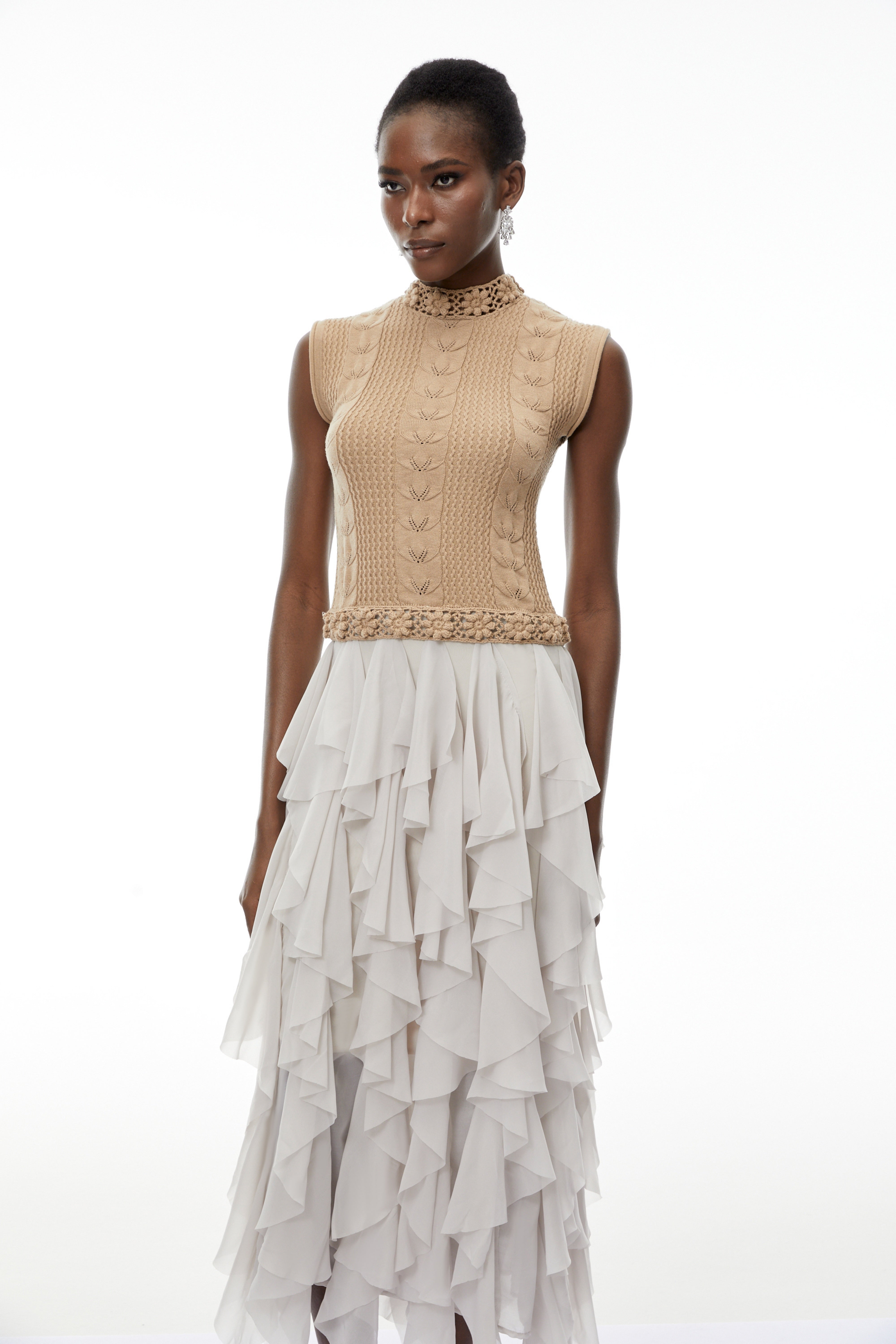 Evangeline Khaki Asymmetrical Ruffled Maxi Dress