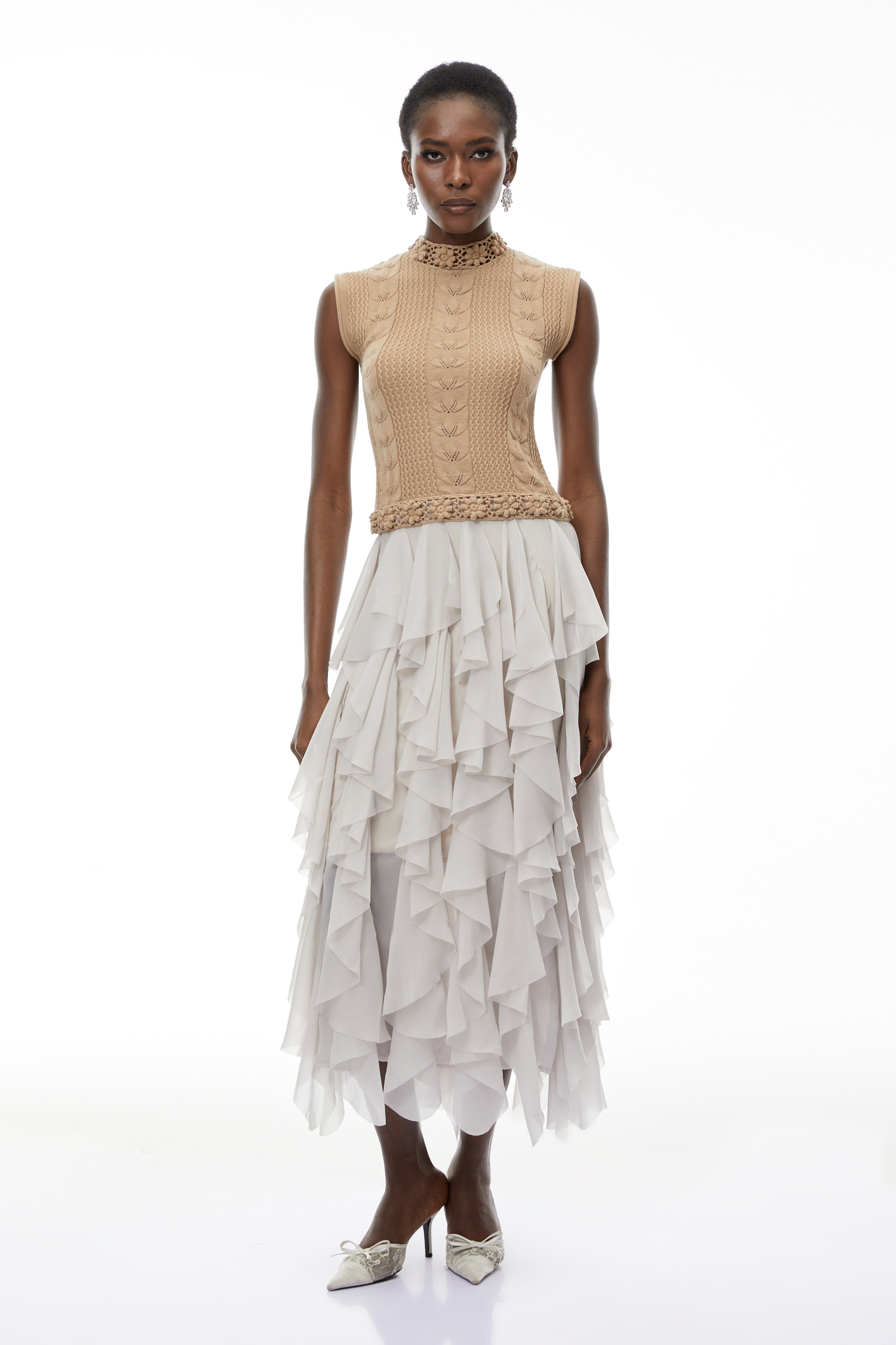 Evangeline Khaki Asymmetrical Ruffled Maxi Dress