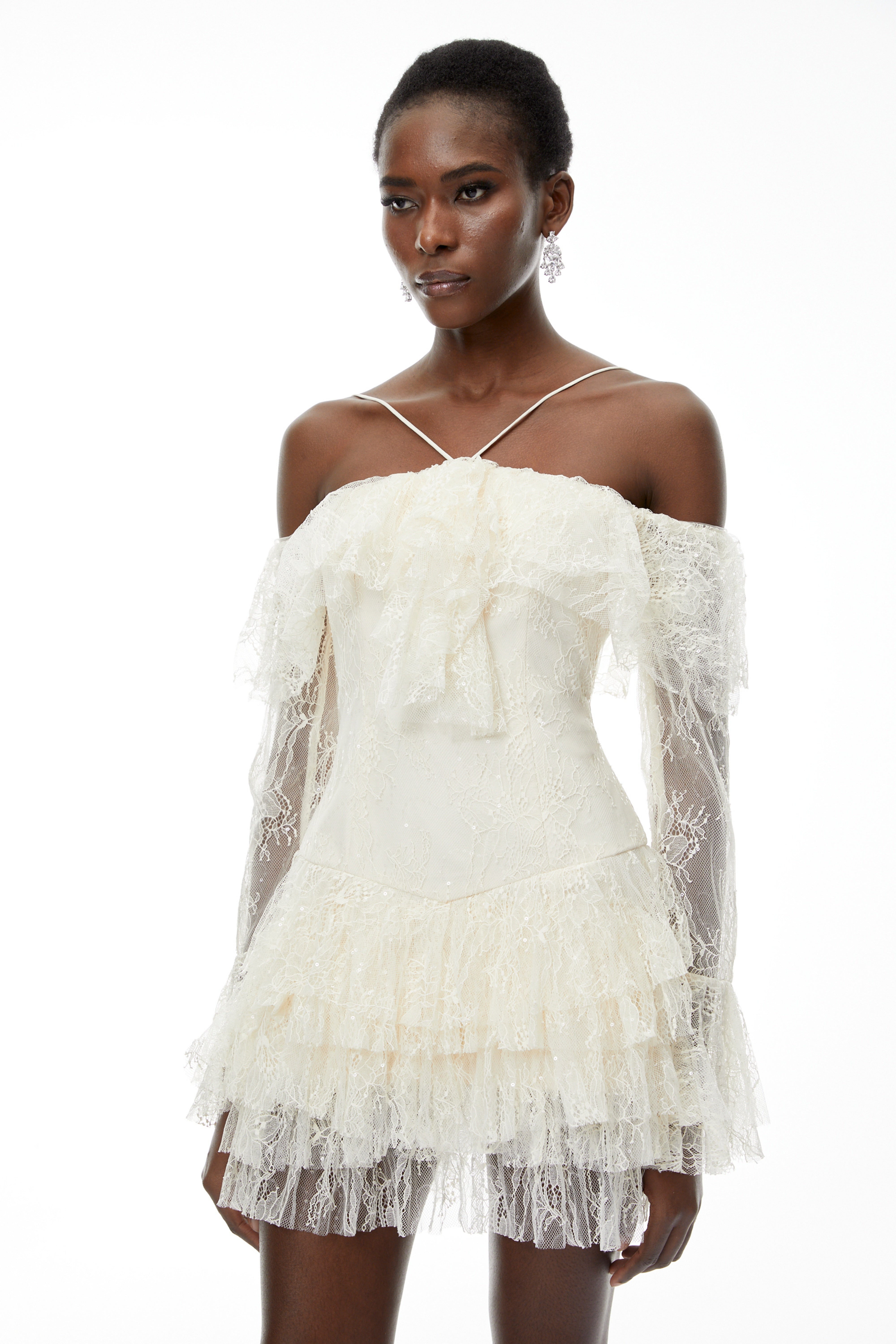 Evelyn Neutral Off Shoulder Tiered Mini Dress (Final Sale-US Only)