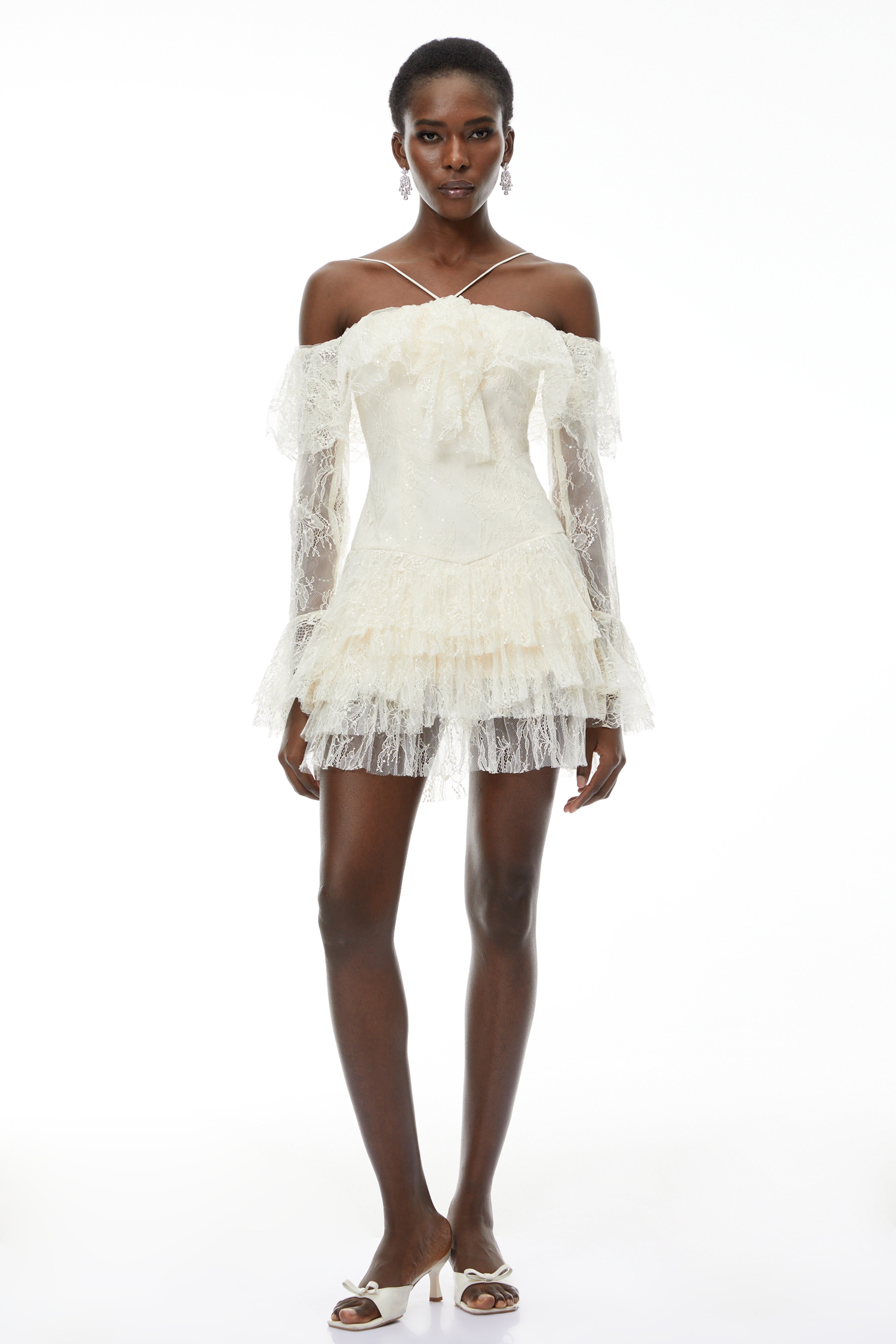 Evelyn Neutral Off Shoulder Tiered Mini Dress (Final Sale-US Only)