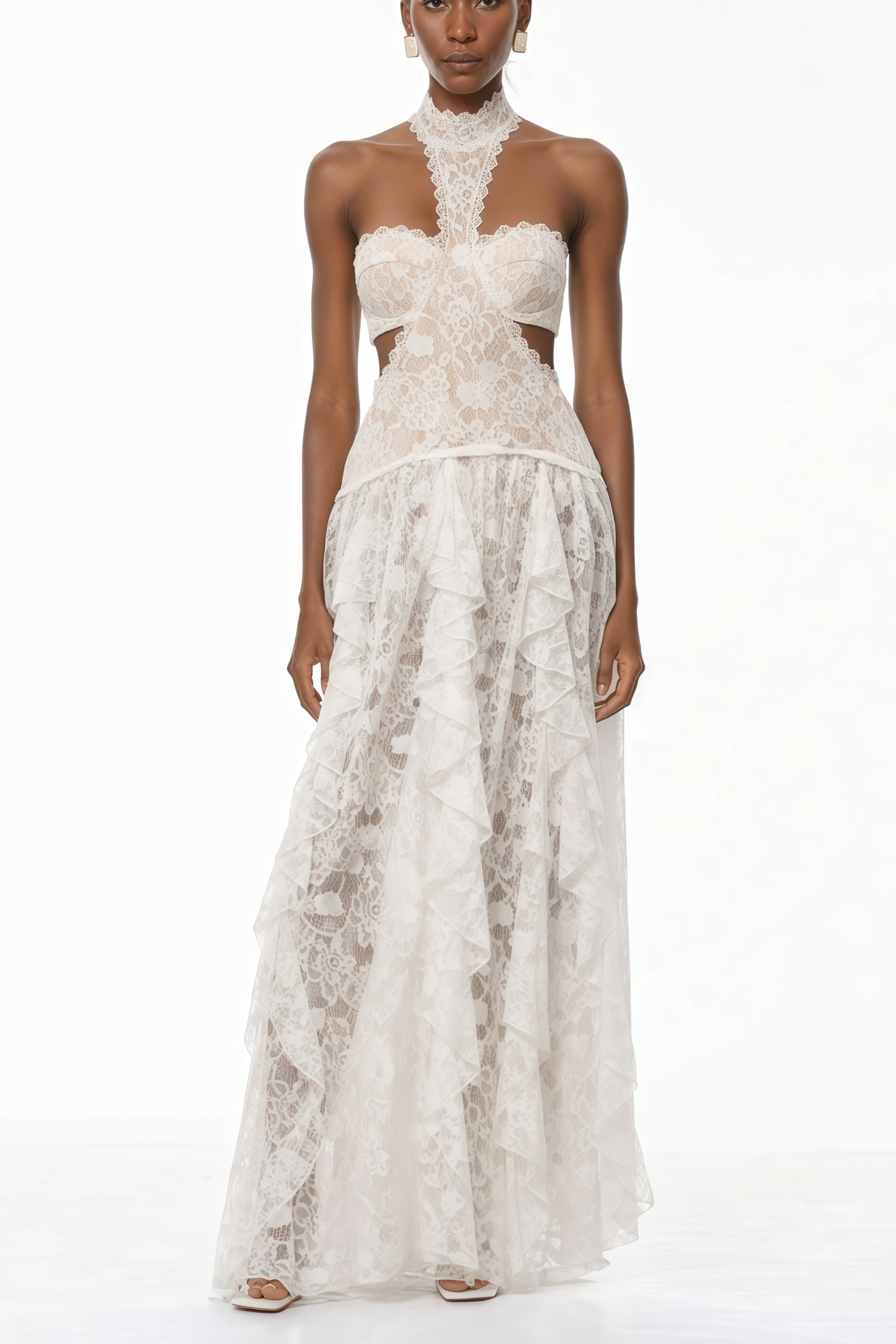 Evelyn White Halterneck Lace Maxi Dress