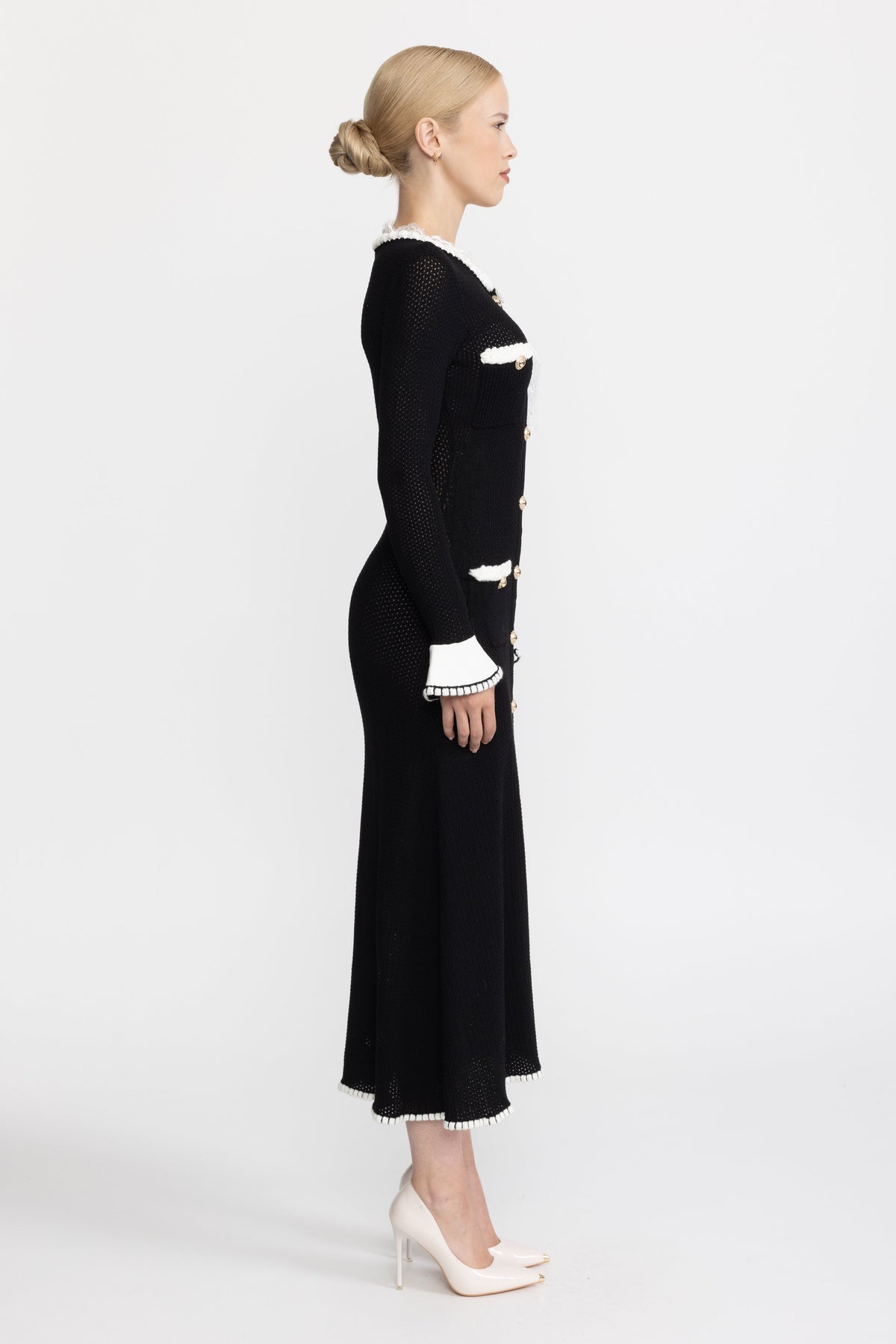 Lace Trim Pointelle Knit Button-Front Midi Dress - Black