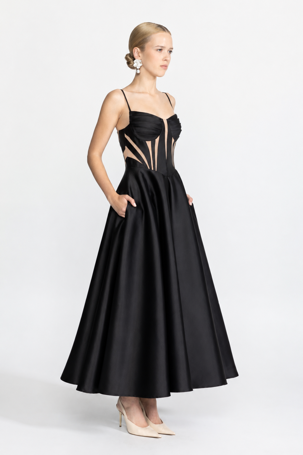 Josephine Black Sheer Panel Satin Corset Midi Dress