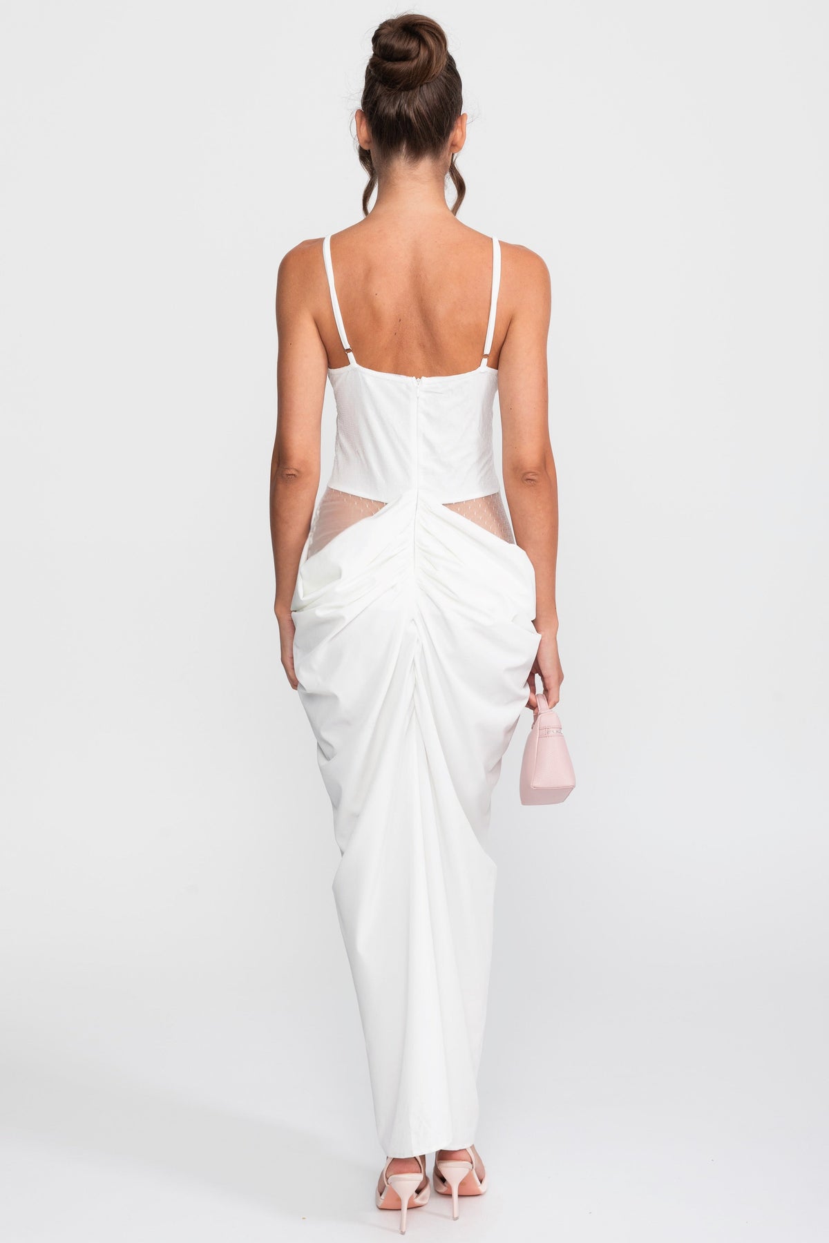 Lace Bodice Draped Gown With Spaghetti Straps - White