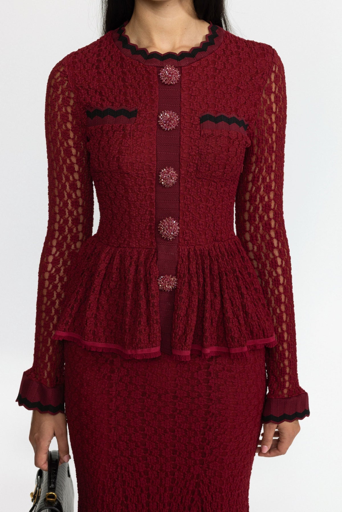 Crochet Knit Peplum Midi Dress with Ric-Rac Trim - Wine