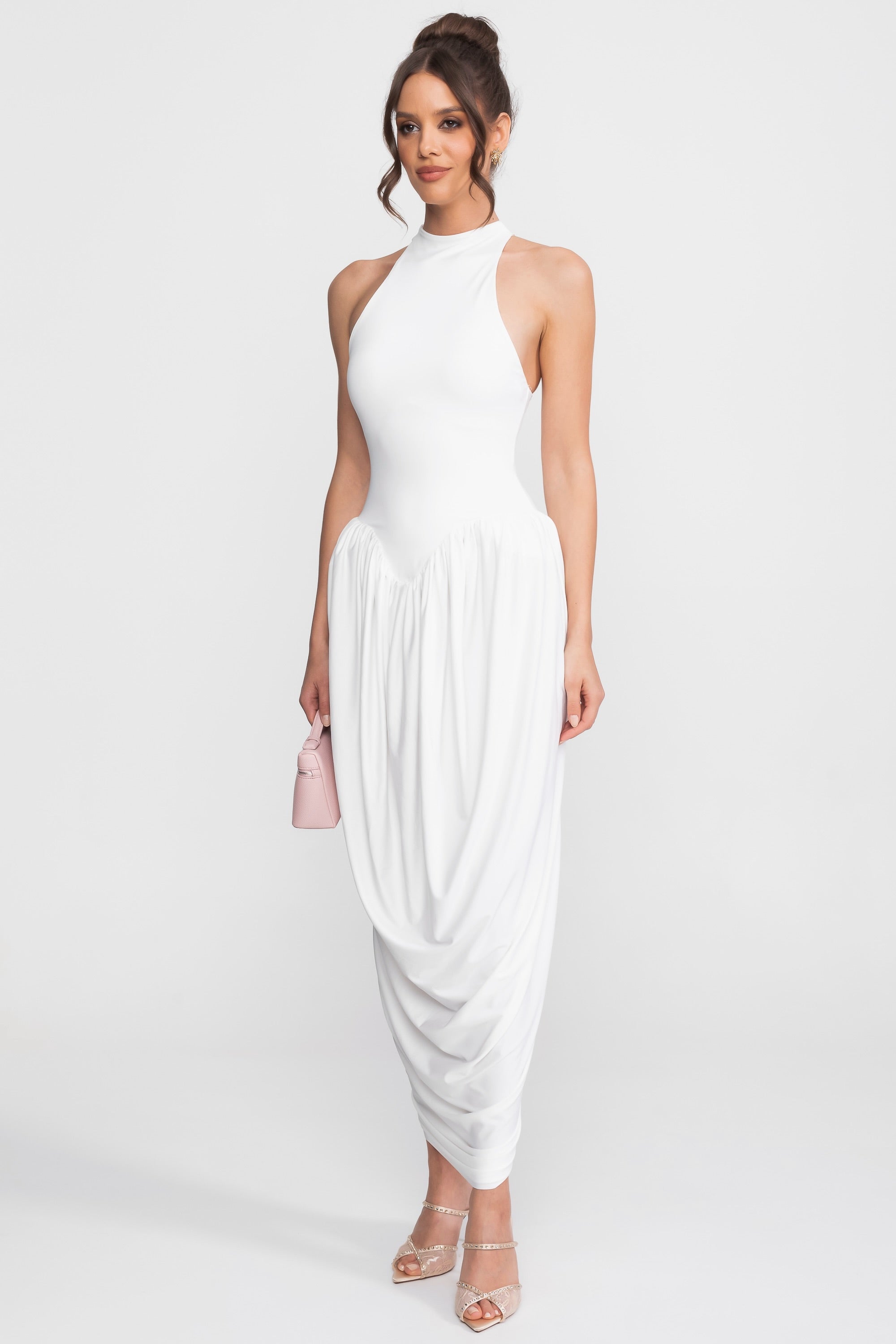 Halter-Neck Maxi Dress With Gathered Balloon Skirt - White
