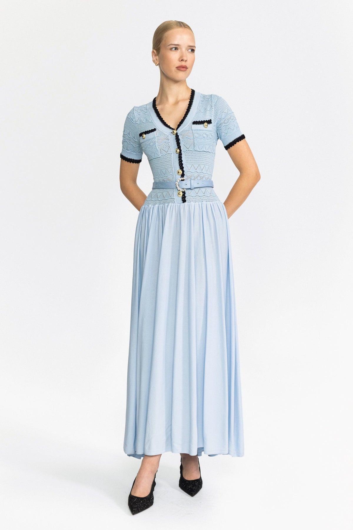 Pointelle Knit Bodice Belted Maxi Dress - Light Blue