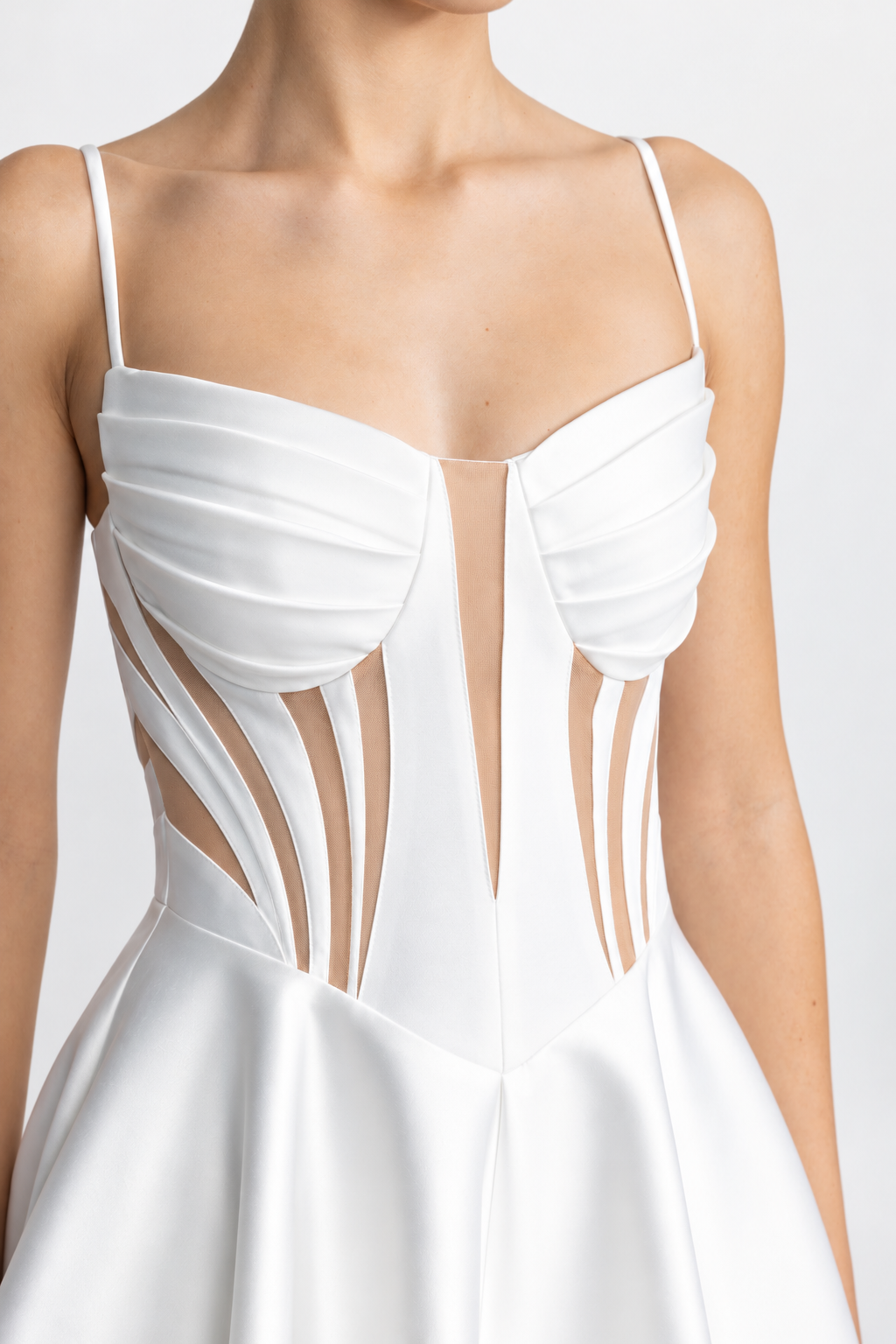 Josephine White Sheer Panel Satin Corset Midi Dress